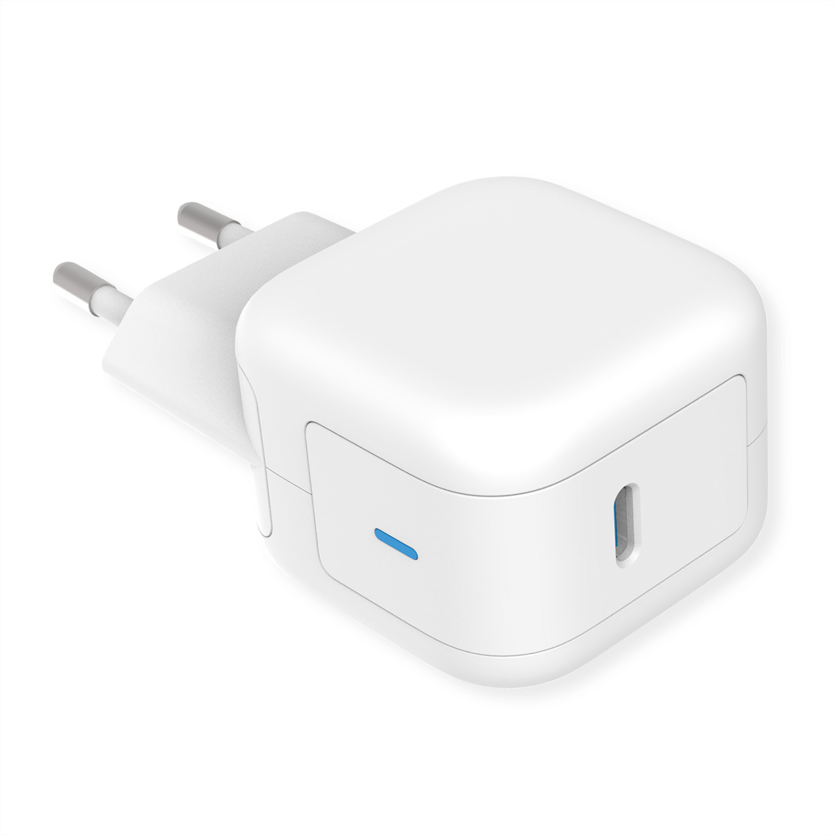 Chargeur blanc avec voyant bleu et port USB-C. Fond blanc.