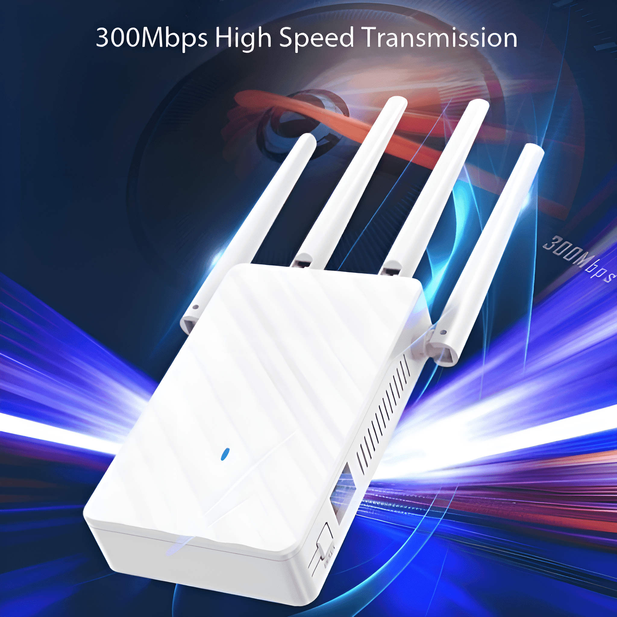 Weißer Router mit Antennen, vor blauem Hintergrund. Text weist auf hohe Geschwindigkeit hin.