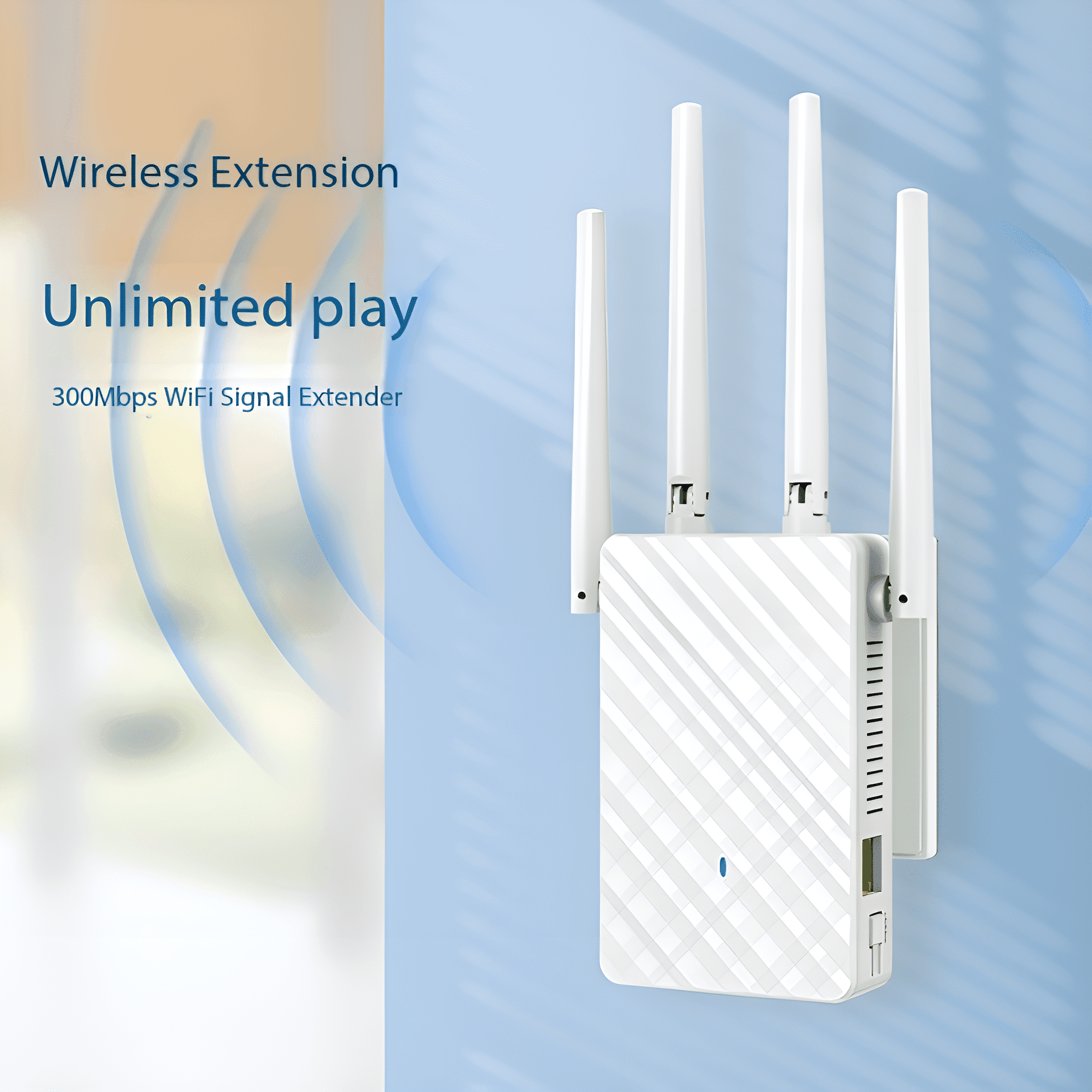 Weißer WLAN-Extender mit Antennen, Text: Wireless Extension und Unlimited Play.
