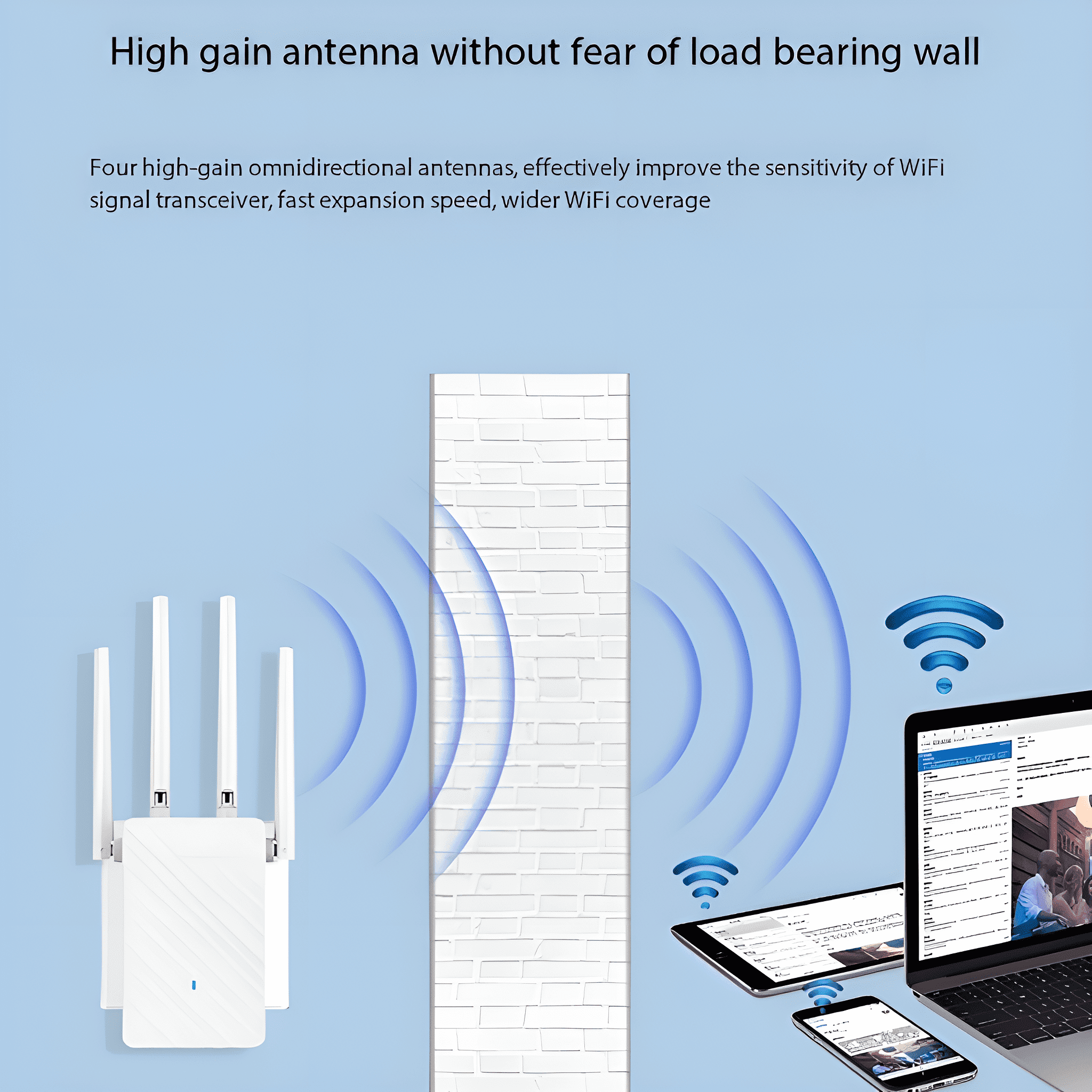 WLAN-Repeater mit Antennen, eine Backsteinmauer und Geräte zeigen WLAN-Signalstärke.