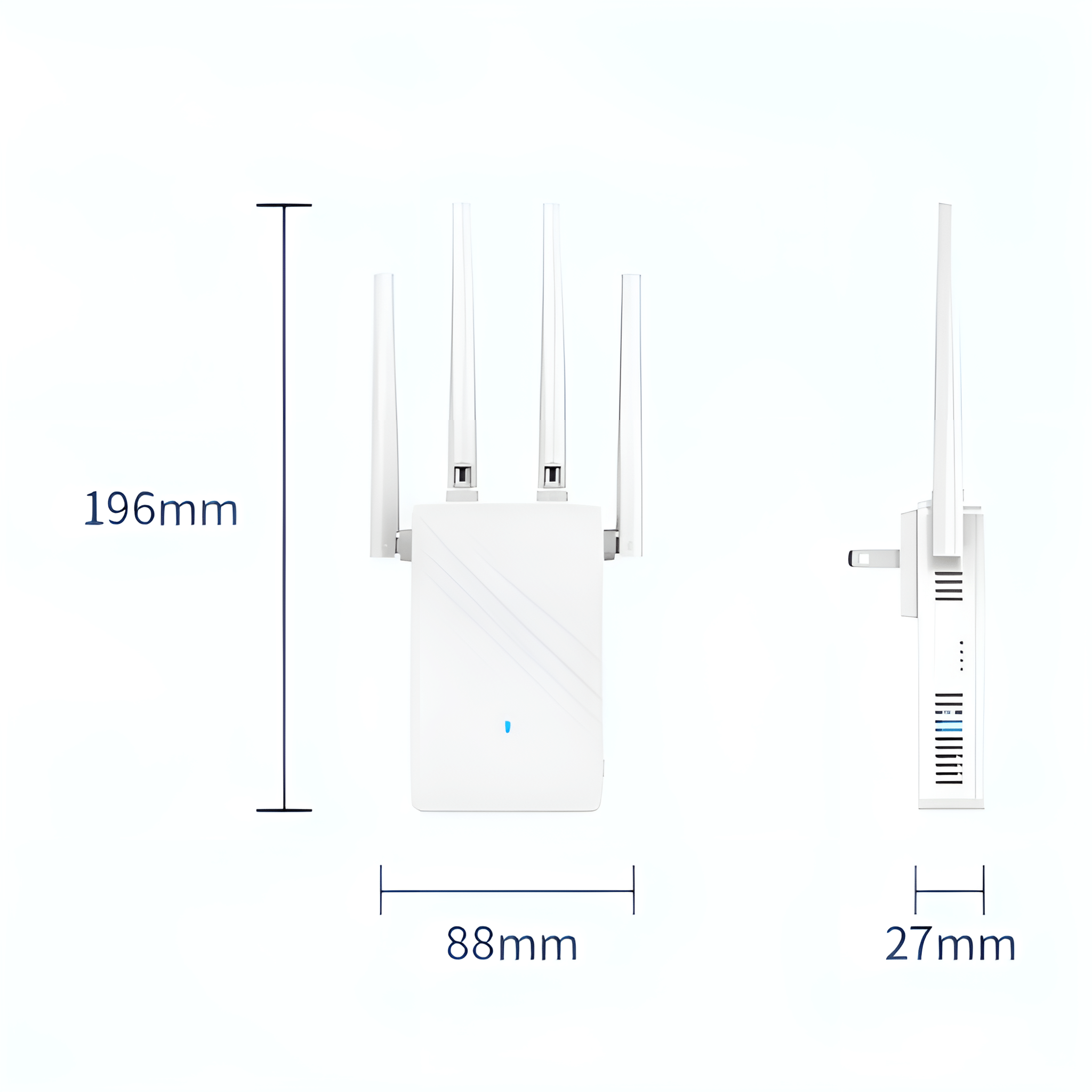 Ein weißer WiFi-Extender mit drei Antennen. Er ist vor einem weißen Hintergrund platziert und zeigt Maße.