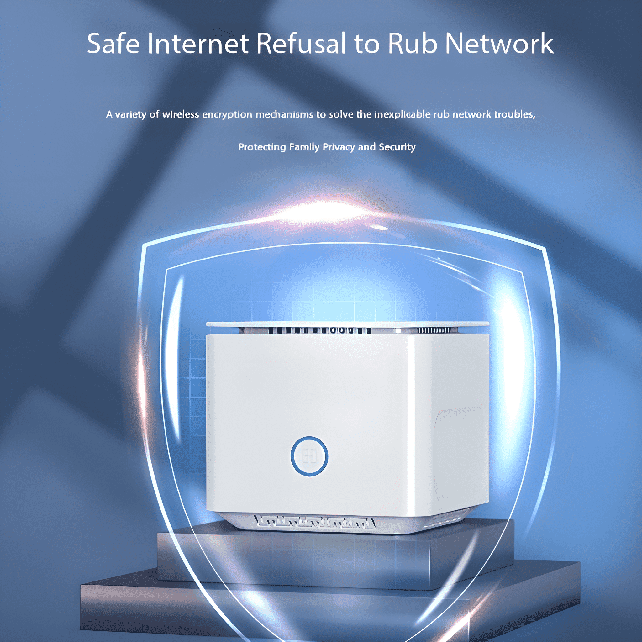 Weißer Router mit blauem Licht und blauem Schild-Grafik auf blauem Grund.