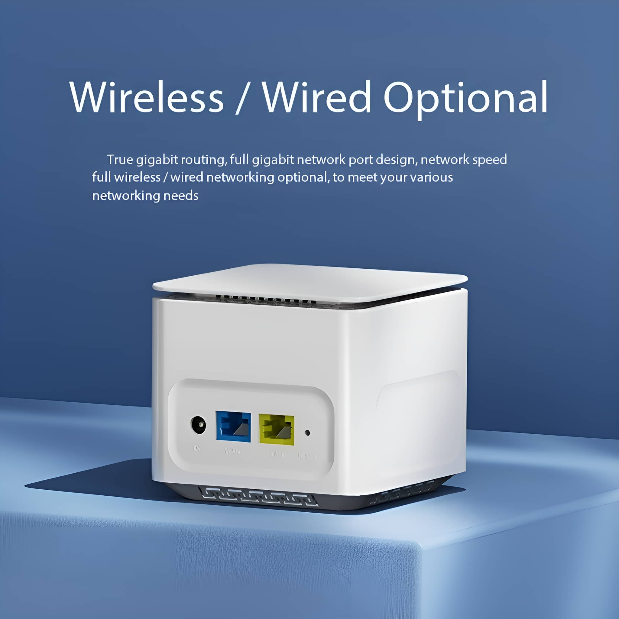 Weißer und schwarzer Router mit blauen und gelben Anschlüssen. Text „Wireless / Wired Optional“ auf blauer Oberfläche.