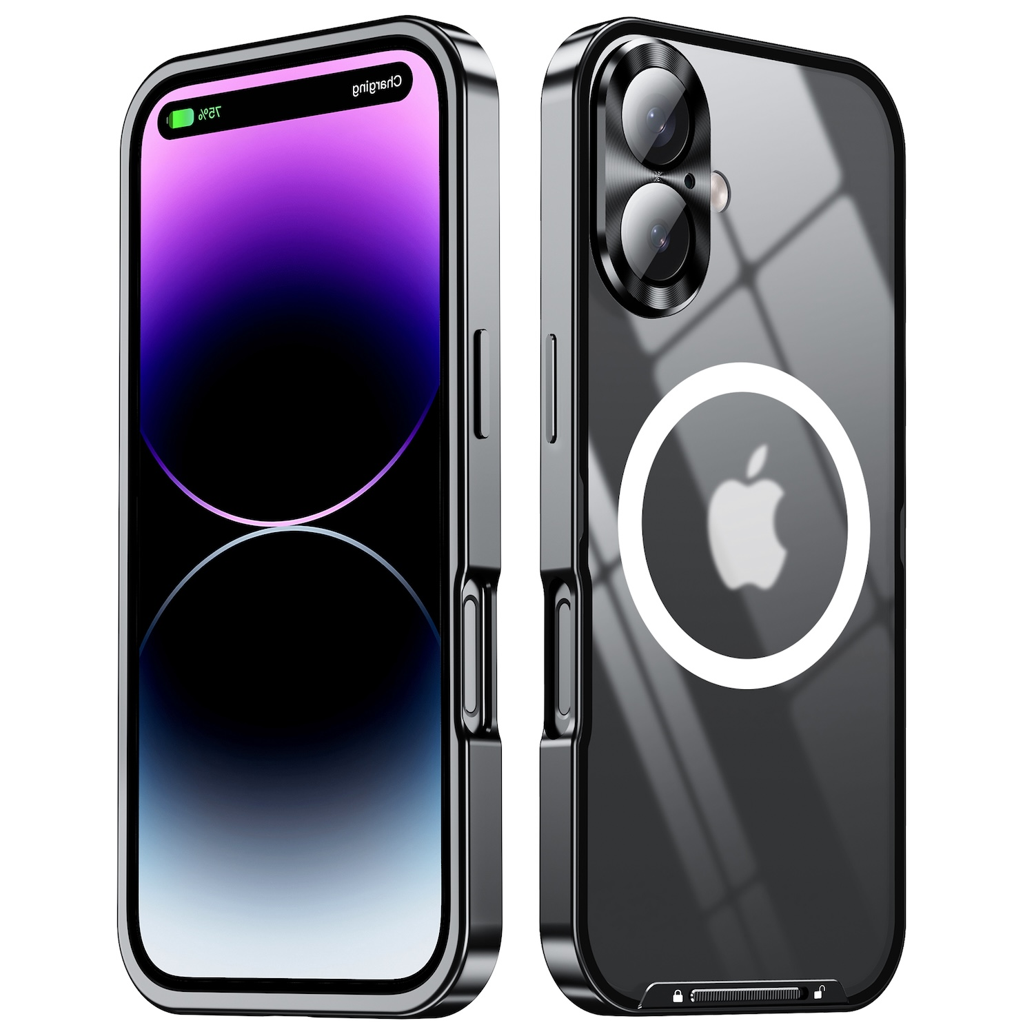 Zwei Handyhüllen, eine zeigt das Telefon, die andere das Apple-Logo.