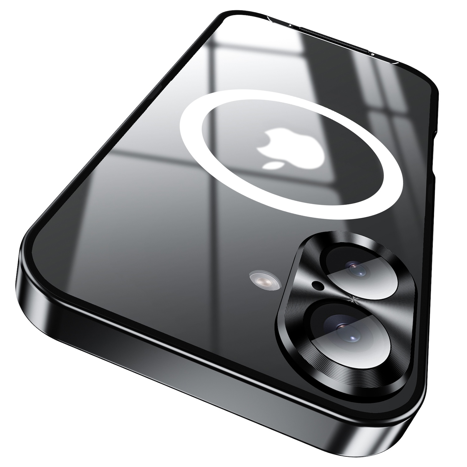 Schwarze Handyhülle mit Kameralinse, weißem Apple-Logo und reflektierender Oberfläche.
