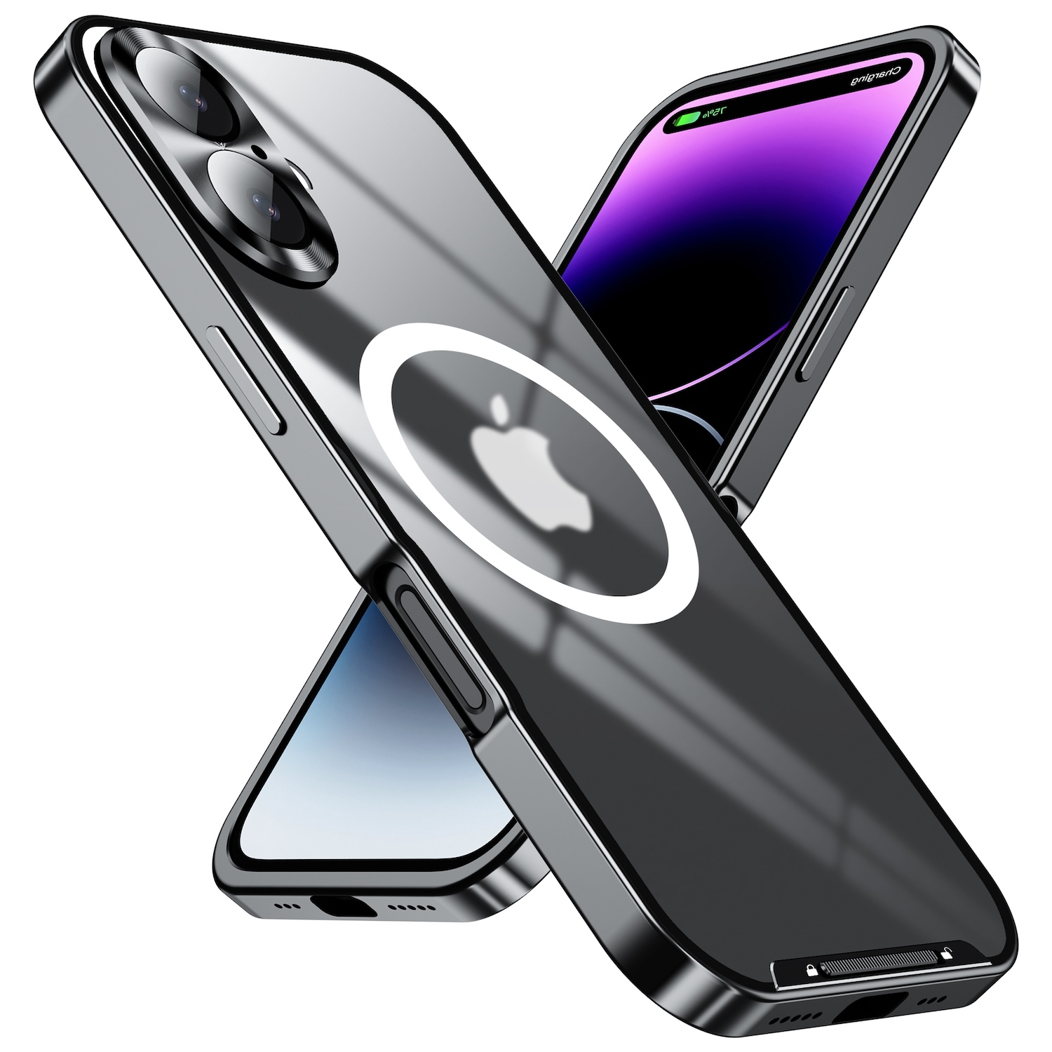 Zwei Handyhüllen, eine klare und eine schwarze. Beide haben das Apple-Logo und Kameradesign.