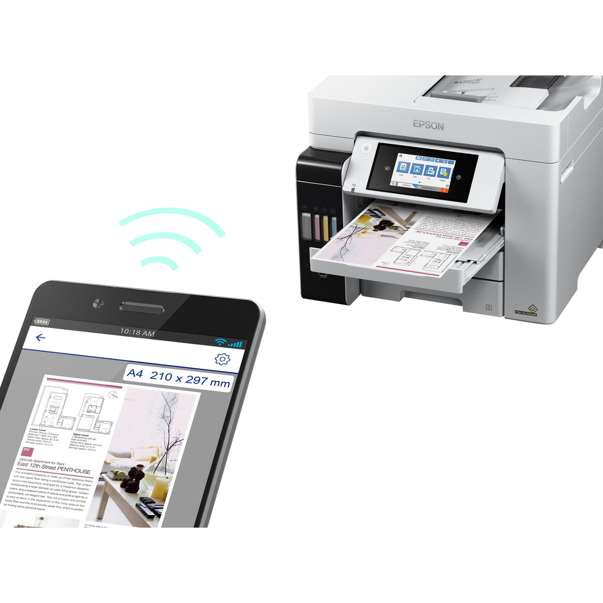 Drukarka drukuje z tabletu. Ikony sygnału bezprzewodowego powyżej. Białe tło.