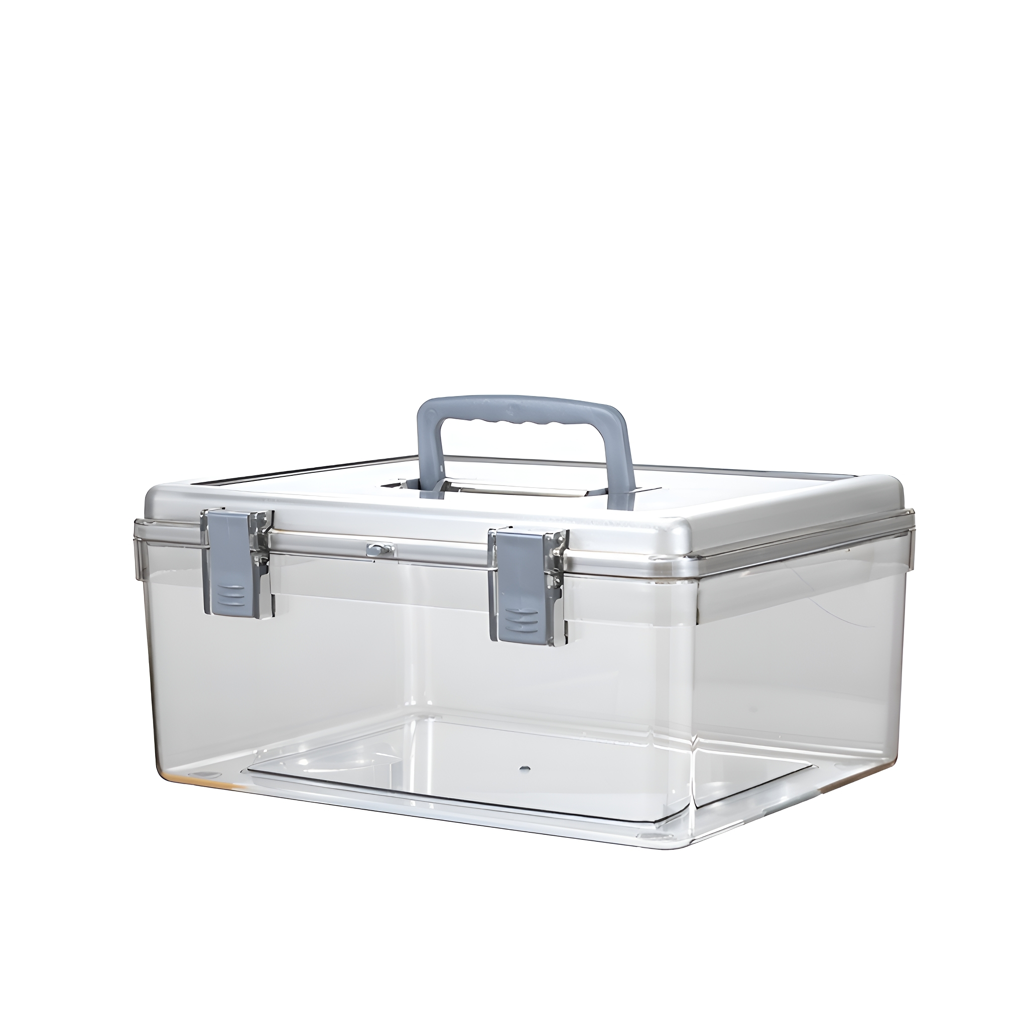 Eine transparente Kunststoff-Aufbewahrungsbox mit grauem Griff und Verschlüssen wird vor weißem Hintergrund gezeigt.