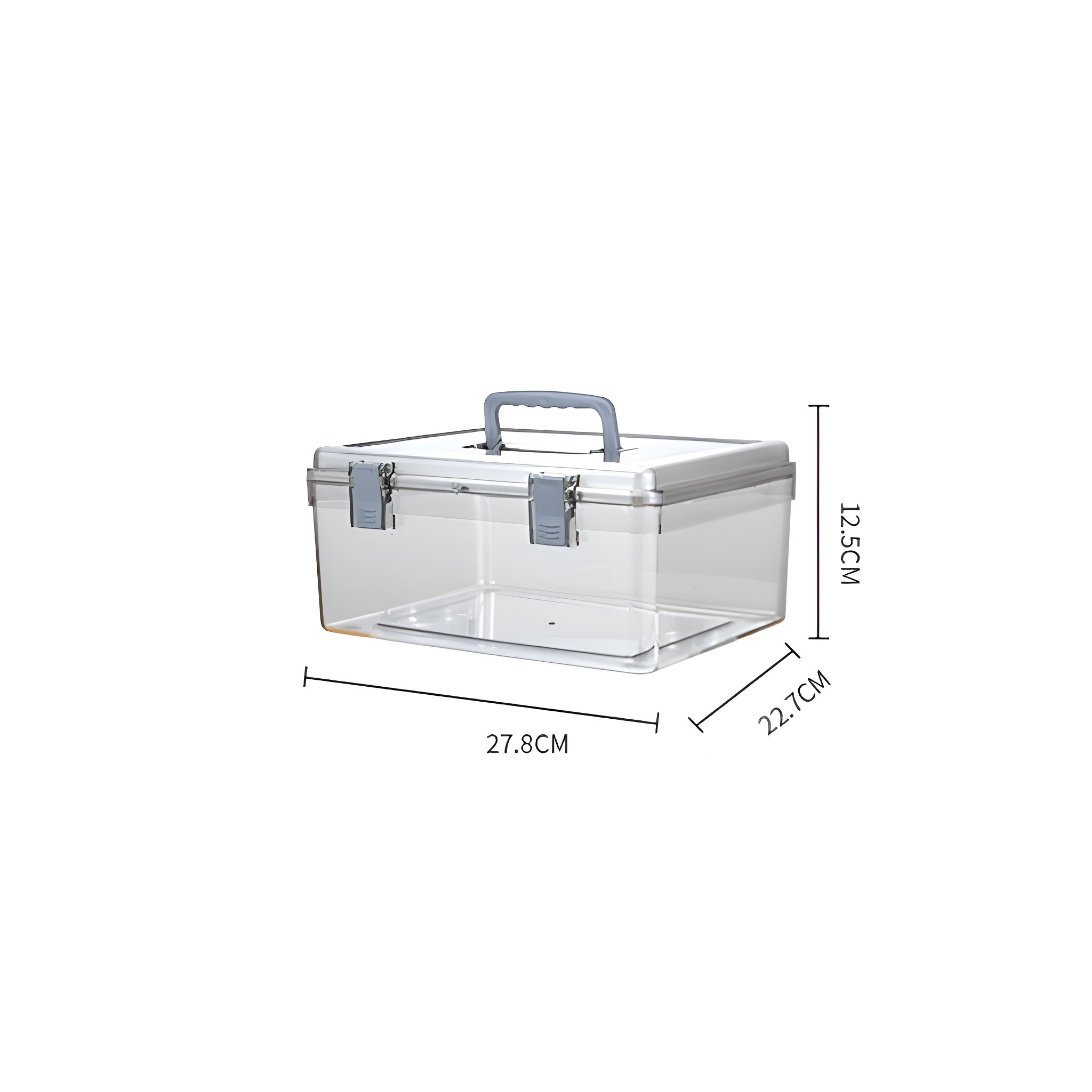 Eine transparente rechteckige Box mit Griff oben und beschrifteten Abmessungen. Die Box ist auf weißem Hintergrund.