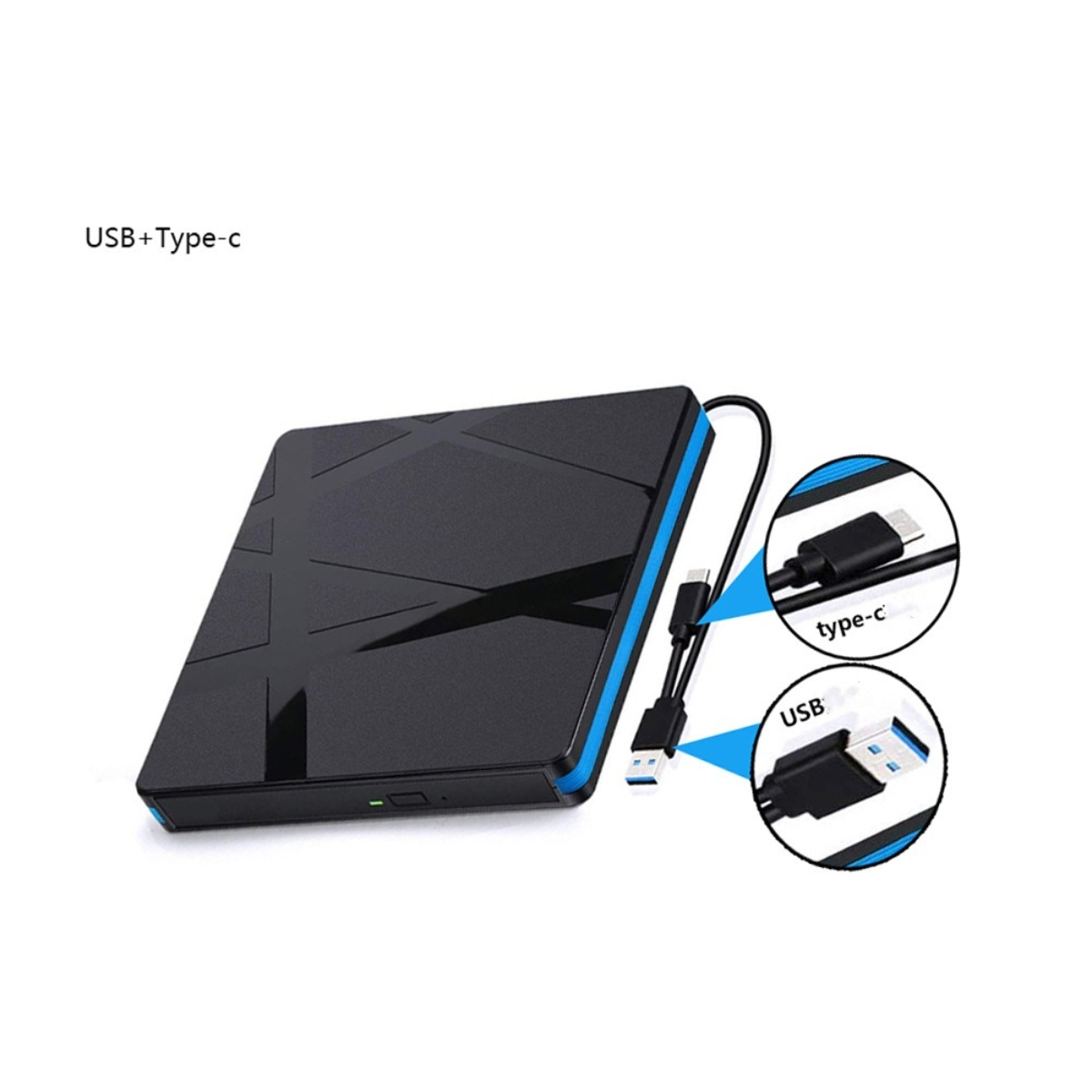 Schwarze externe Festplatte mit blauem Rand und Kabeln. USB- und Typ-C-Anschlüsse sind abgebildet. Weißer Hintergrund.