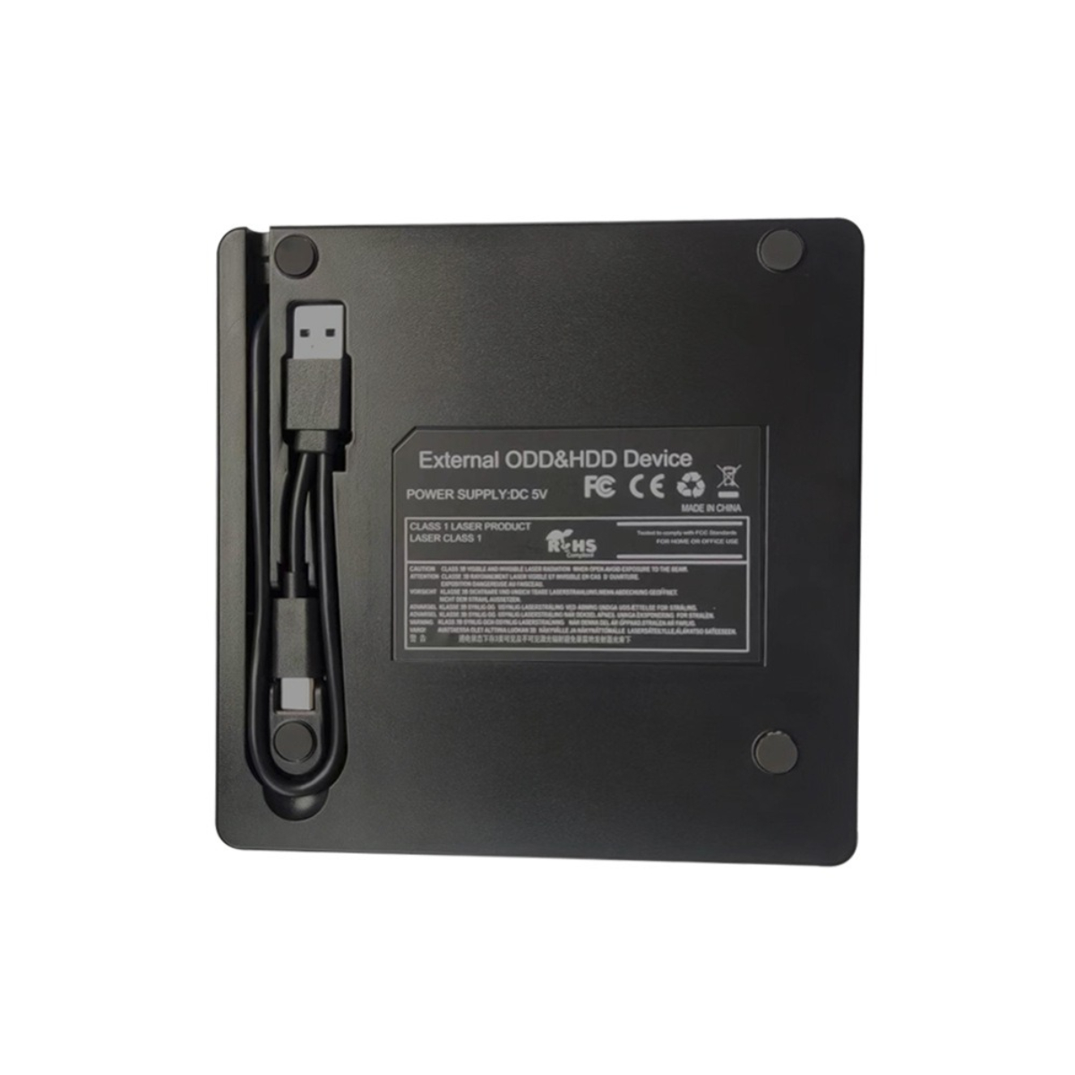 Schwarzes externes ODD & HDD-Gerät mit USB-Kabel, Etiketten und Gummifüßen.