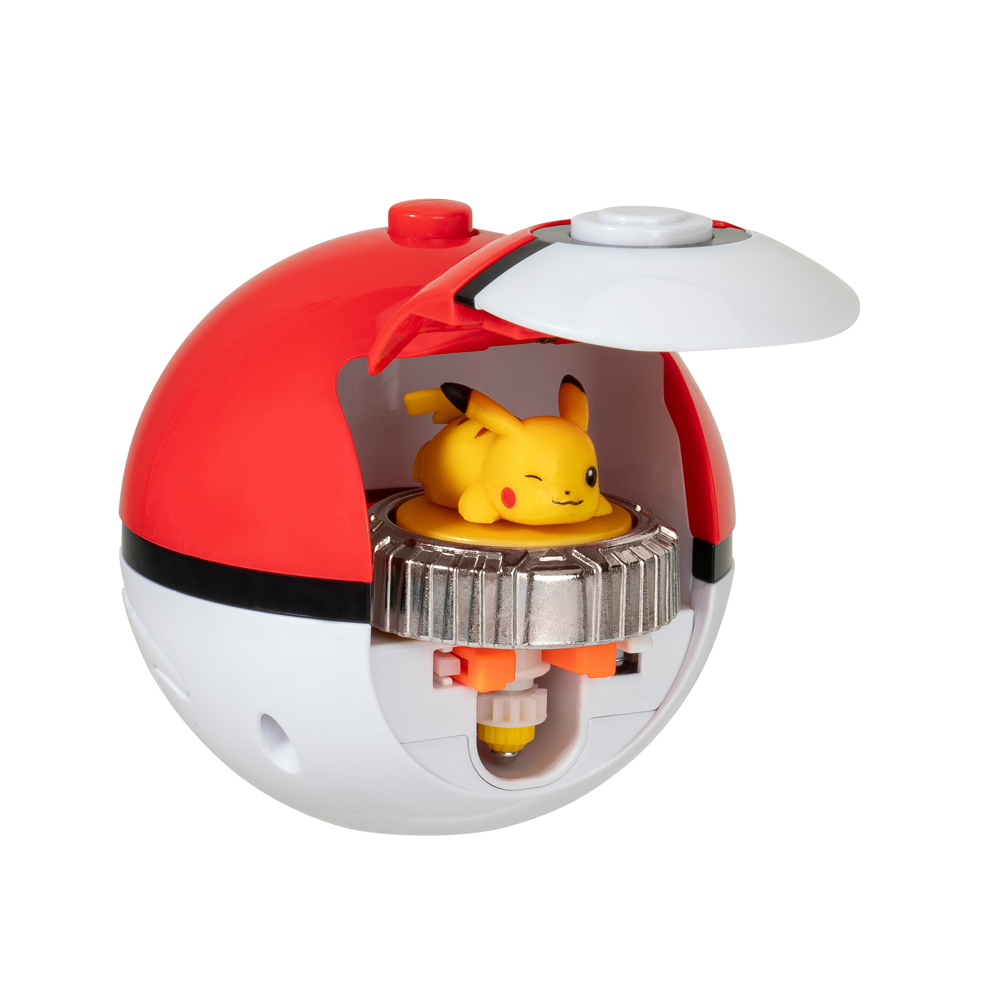 Jouet Poke Ball rouge et blanc ouvert. Figurine Pikachu jaune à l'intérieur, sur fond blanc.