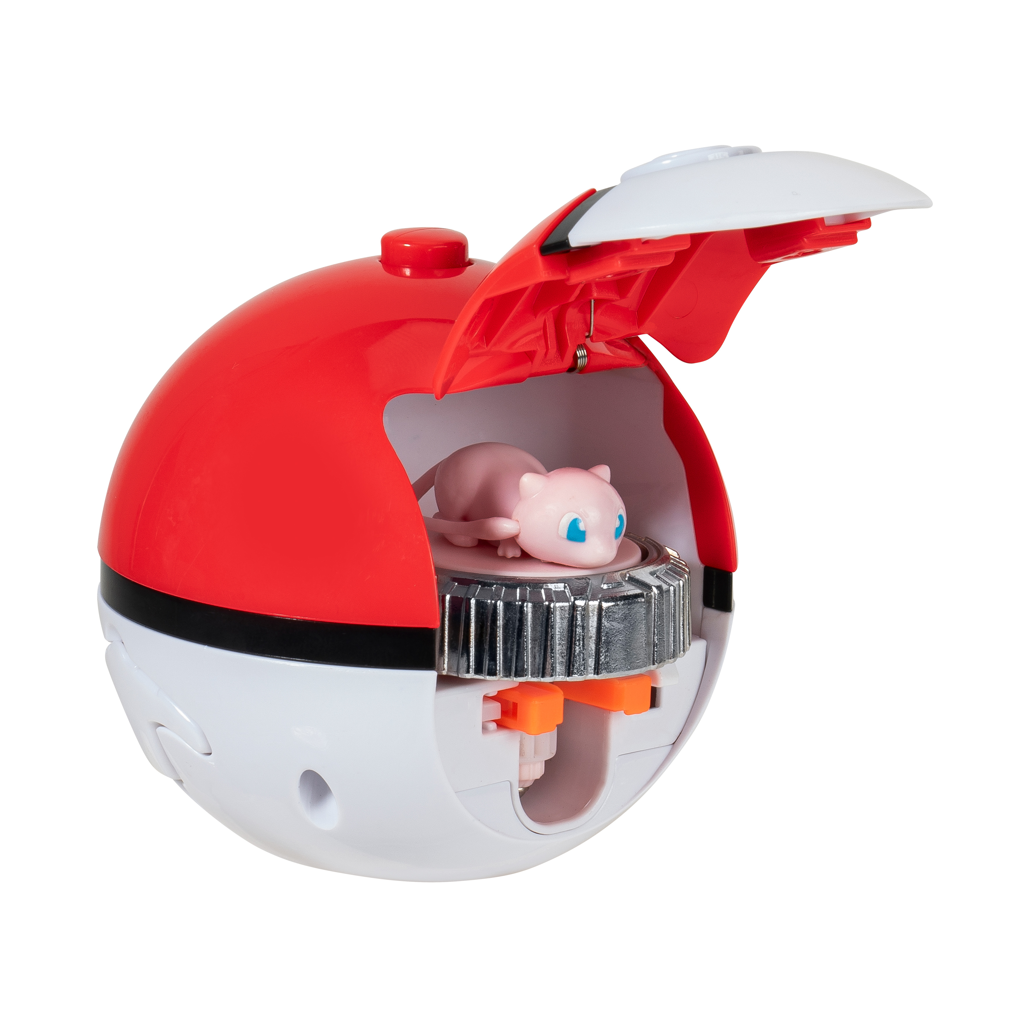 Un jouet Poké Ball rouge et blanc avec Mew à l'intérieur. La balle est partiellement ouverte.