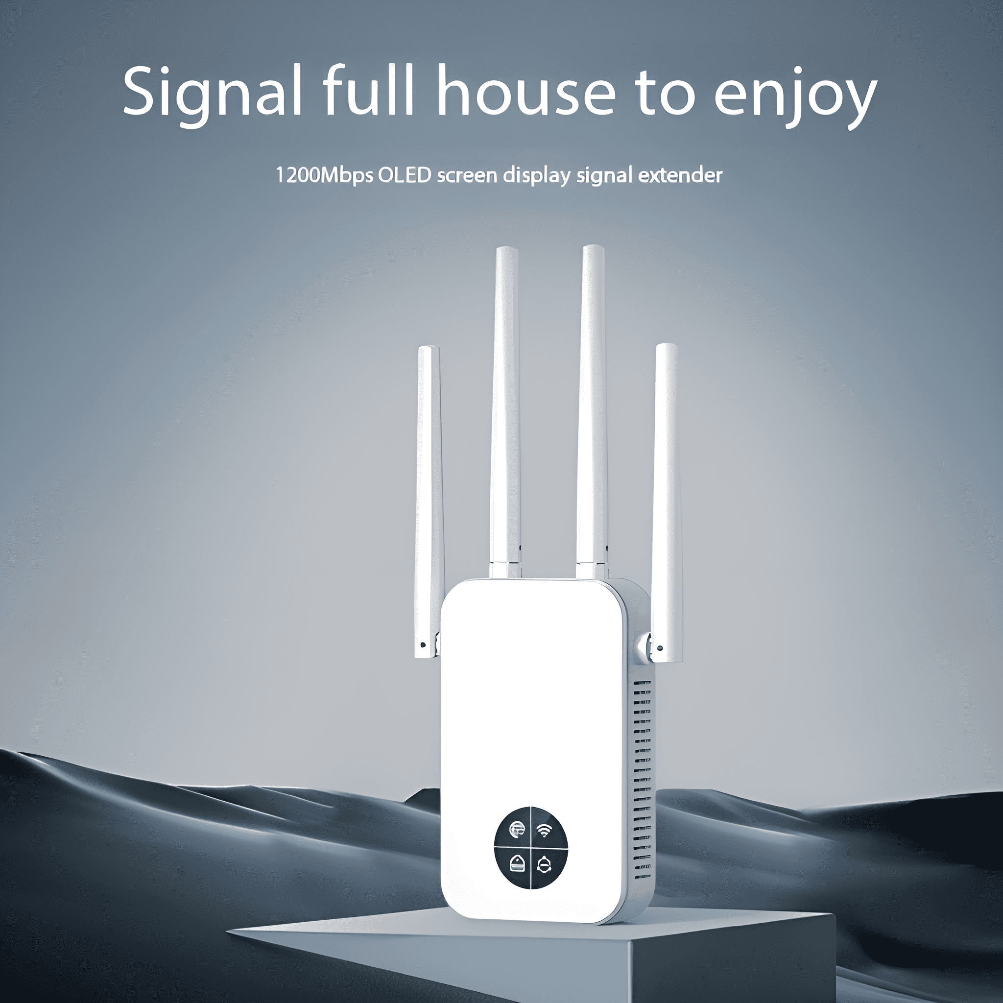 Weißer WLAN-Extender mit Antennen. Der Hintergrund ist ein abstrakter grauer Berg.