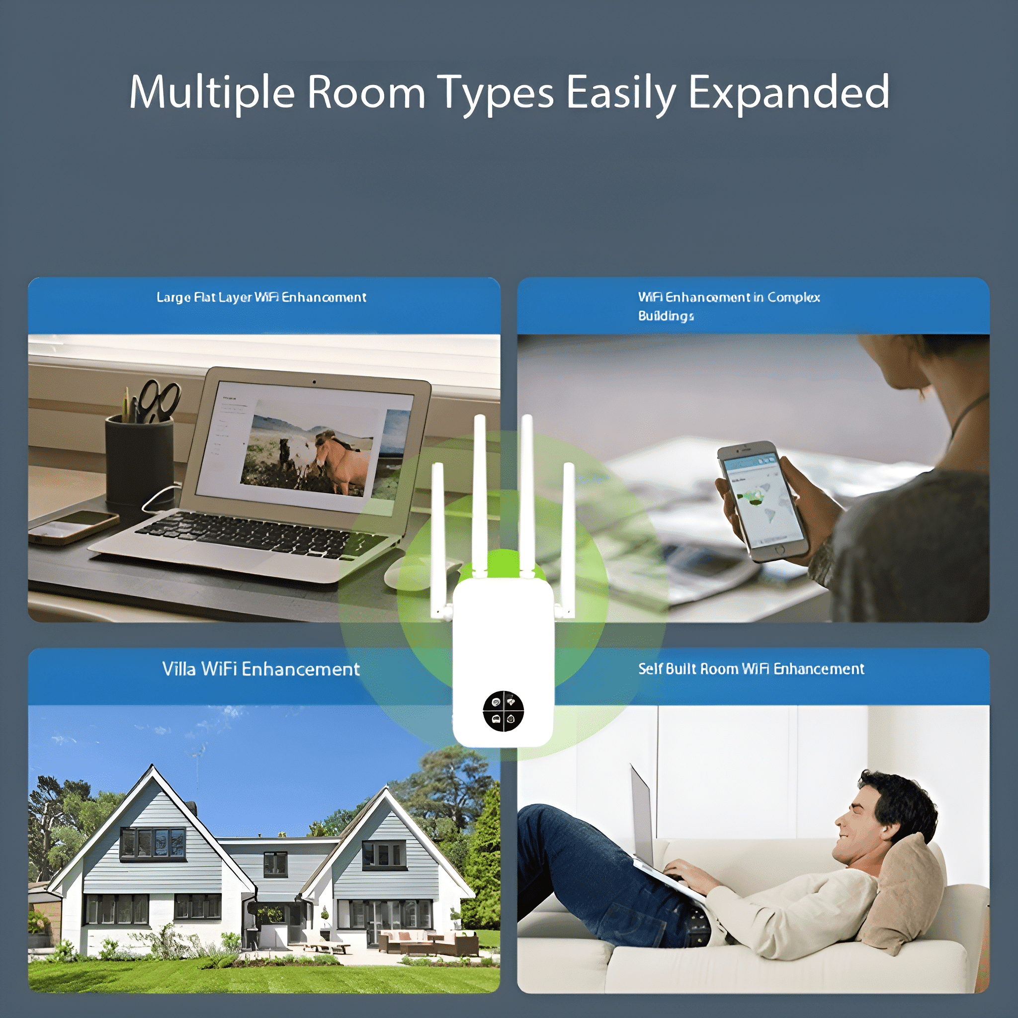 WLAN-Repeater mit vier Szenenbeispielen: Büro, komplexe Gebäude, Villa und Zuhause.