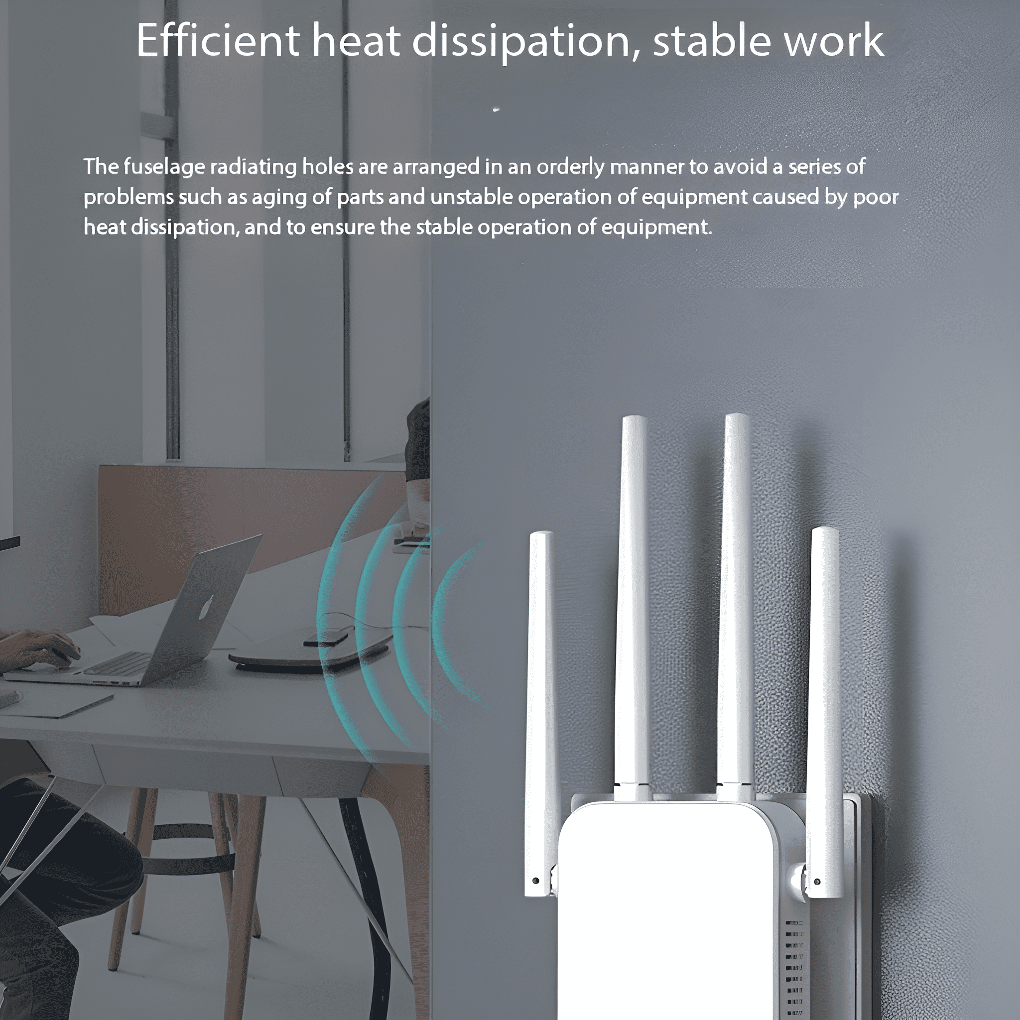 Ein WLAN-Router an der Wand mit Antennen. Im Hintergrund arbeitet eine Person an einem Laptop.