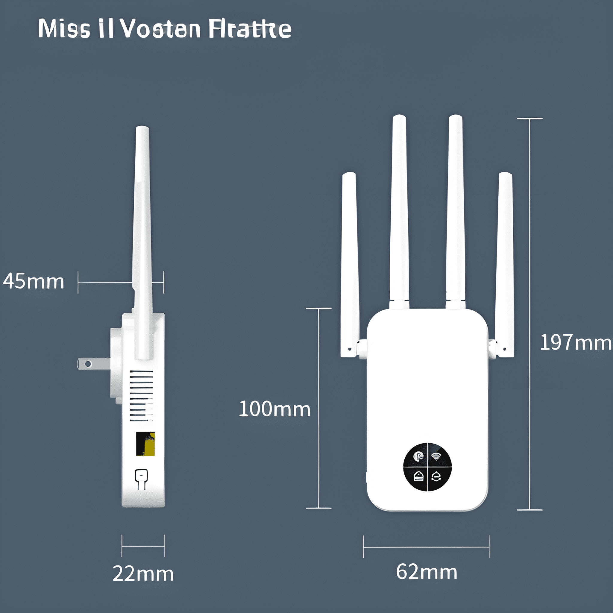 Zwei weiße WLAN-Repeater, einer eingesteckt und einer mit Abmessungen, auf dunklem Hintergrund.