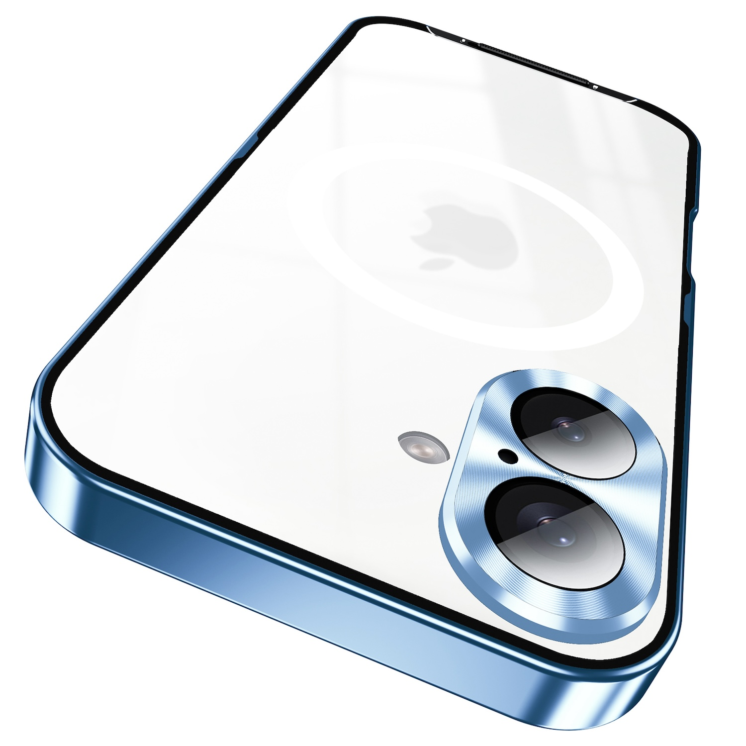 Blaue Handyhülle mit Kameramodul. Transparente Rückseite, blauer Rahmen und Apple-Logo sichtbar.