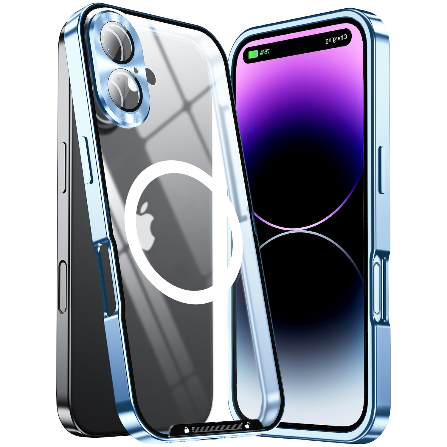 Transparente iPhone-Hülle mit blauem Rand und Telefon innen, Rückseite sichtbar.