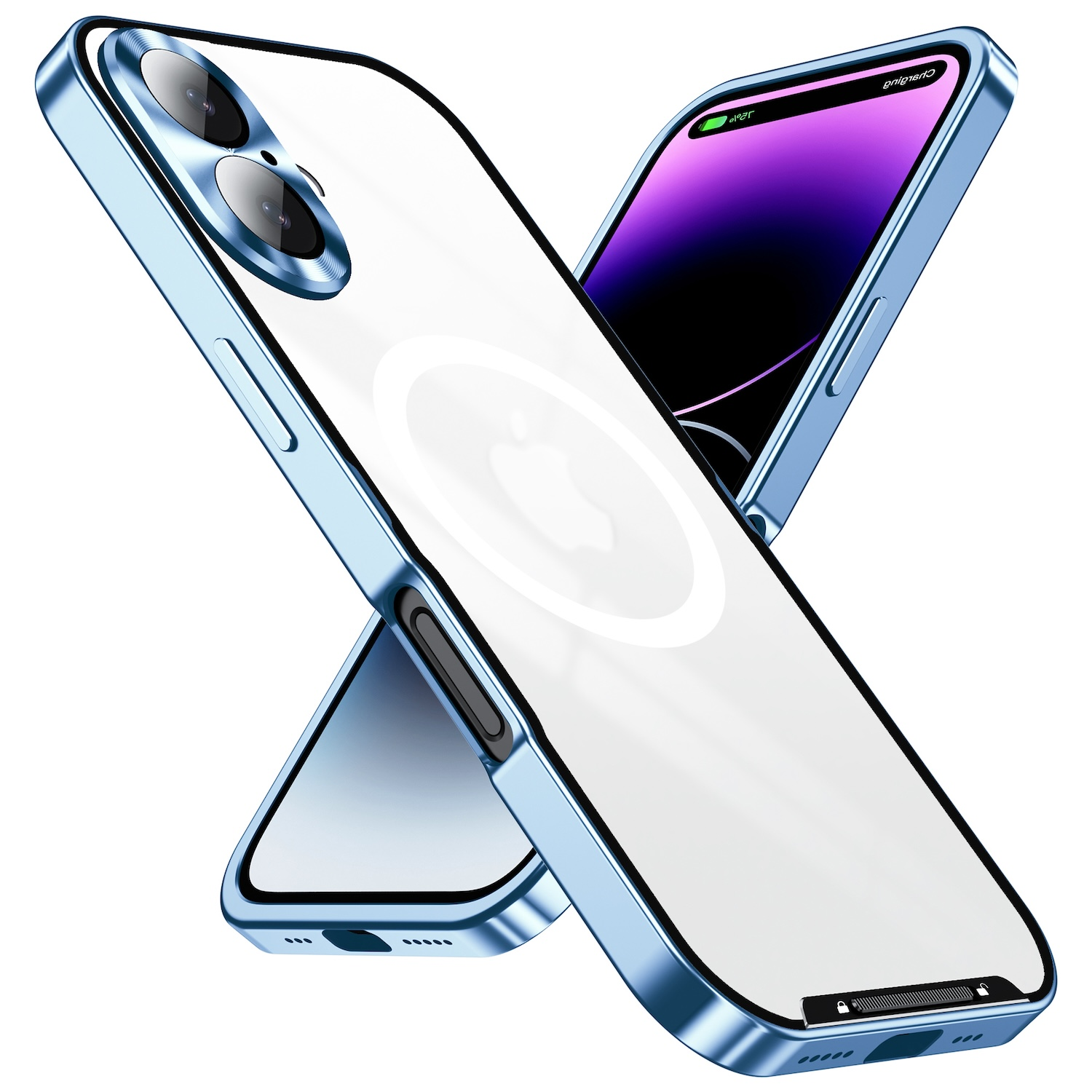 Zwei iPhones in Schutzhüllen, eines blau gerahmt, eines mit sichtbarem Ladebildschirm.