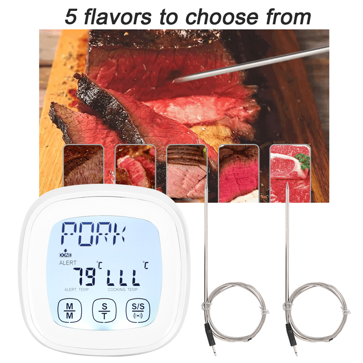 Lebensmittelthermometer mit Sonden und Bildern verschiedener Fleischstücke.