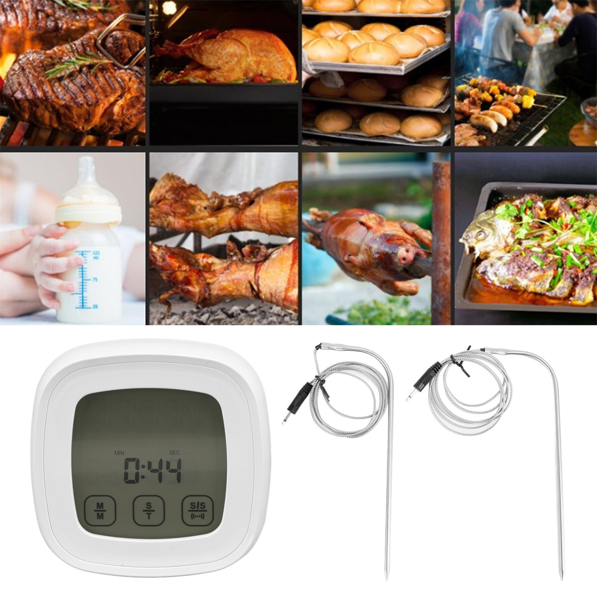 Collage von Lebensmitteln: gegrilltes Fleisch, Huhn, Brot, Grill, Babyflasche, Braten, Fisch.