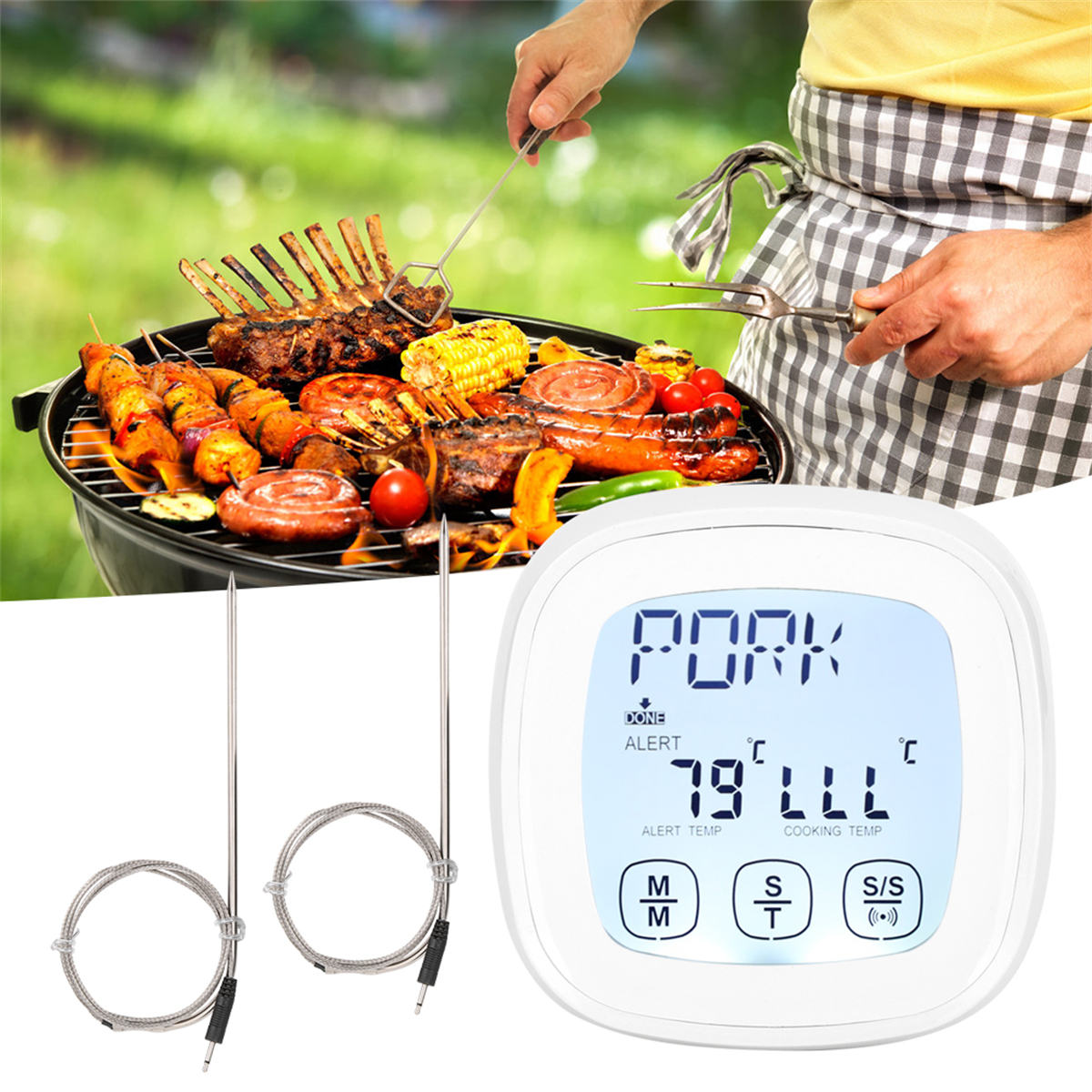 Grill mit Fleisch und Gemüse. Ein digitales Thermometer mit Messwerten.