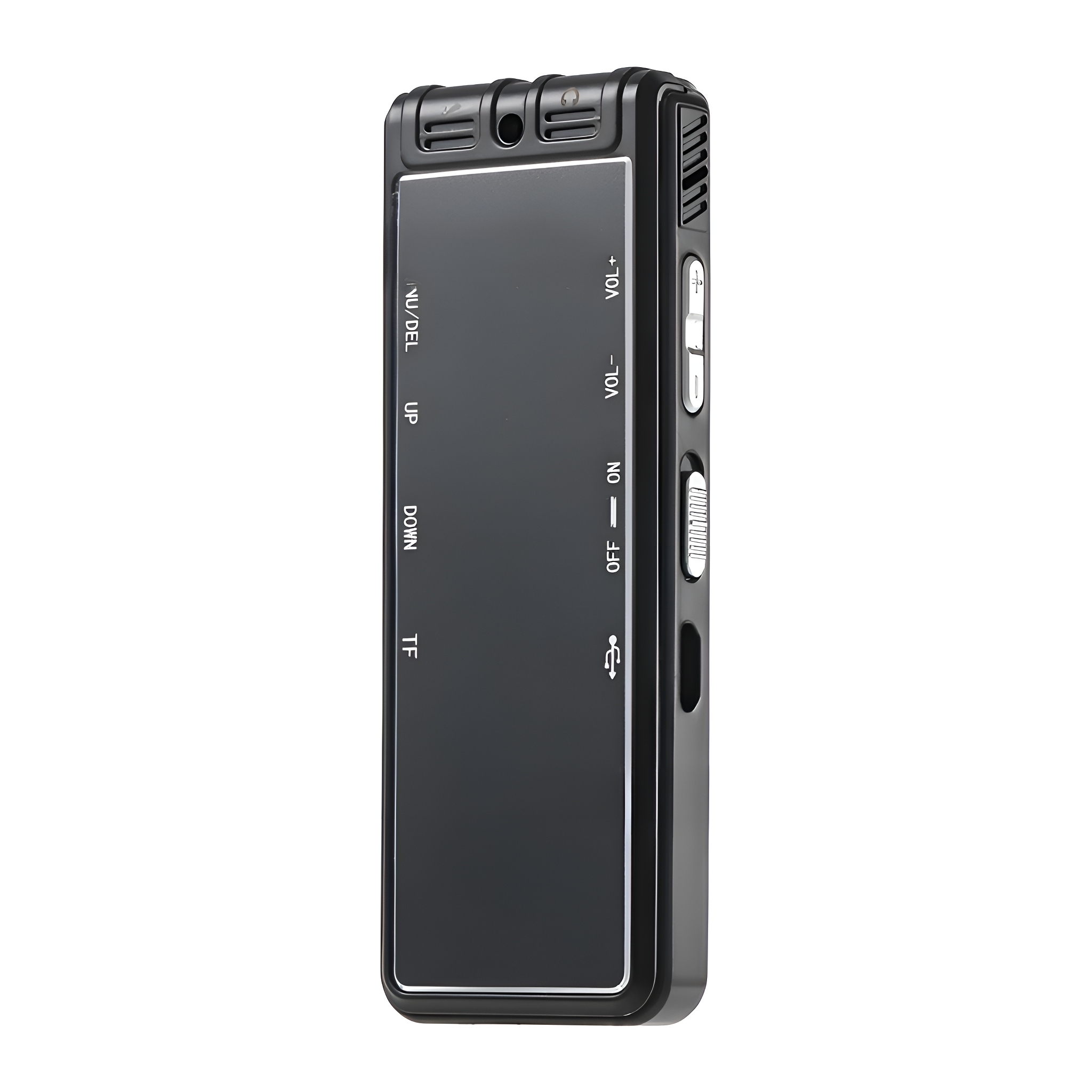 Schwarzes Diktiergerät. Knöpfe und Display sichtbar. USB-Anschluss. Weißer Hintergrund.
