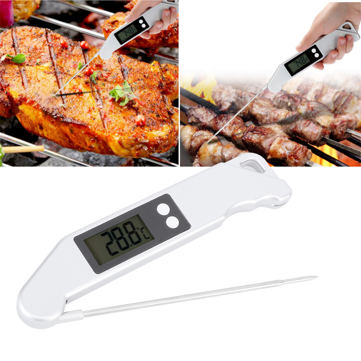 Drei Bilder, die die Verwendung eines Lebensmitteltemperaturmessers zeigen, der die Temperaturen von Grillgut misst.