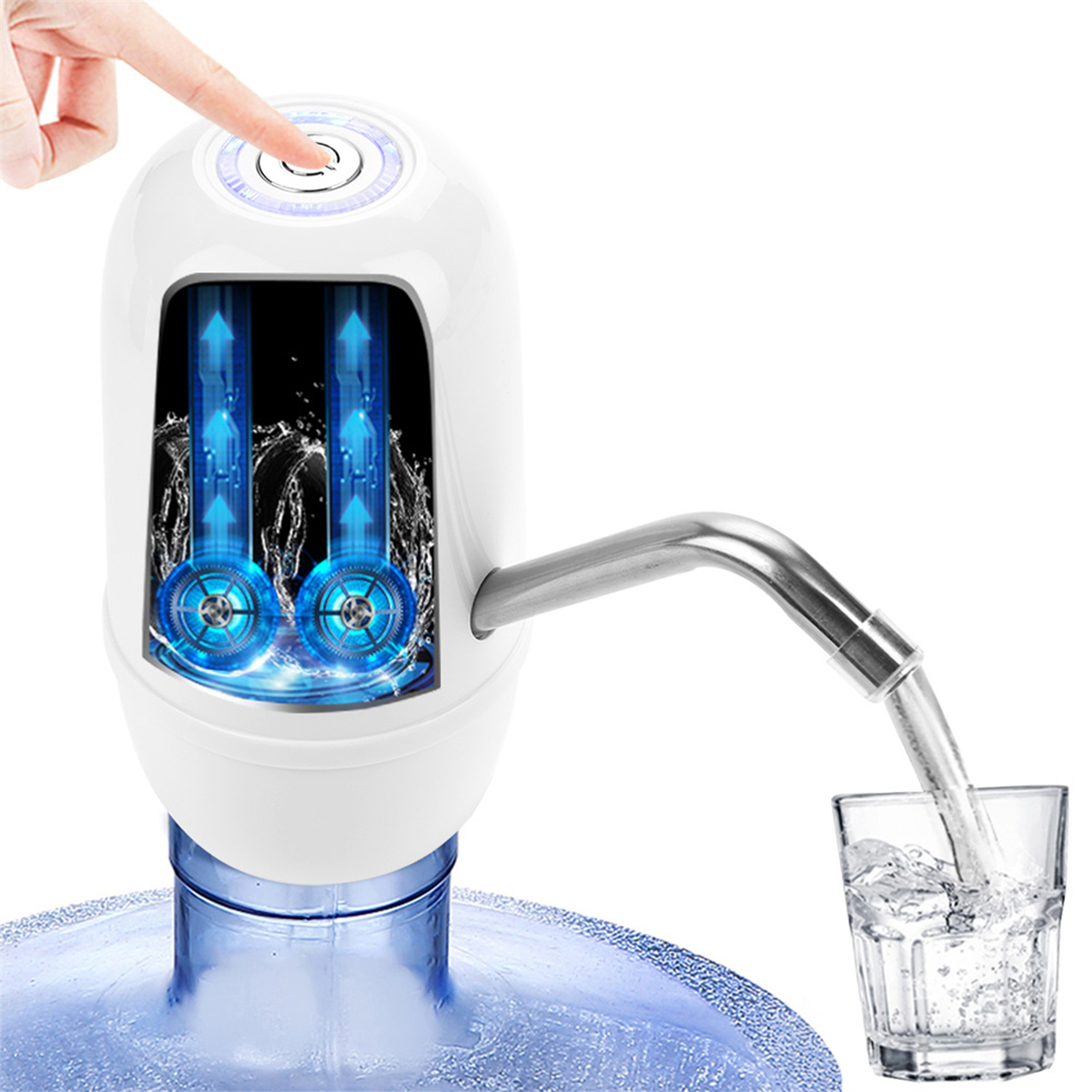 Weiße elektrische Wasserpumpe, die Wasser in ein Glas abgibt. Blaues Licht zeigt an, dass sie eingeschaltet ist.