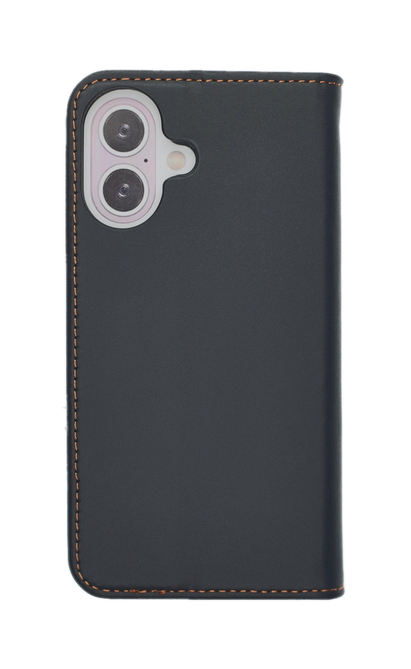 Schwarze Leder-Handyhülle, offen mit Telefon. Kameras sichtbar. Weißer Hintergrund. Braune Nähte.