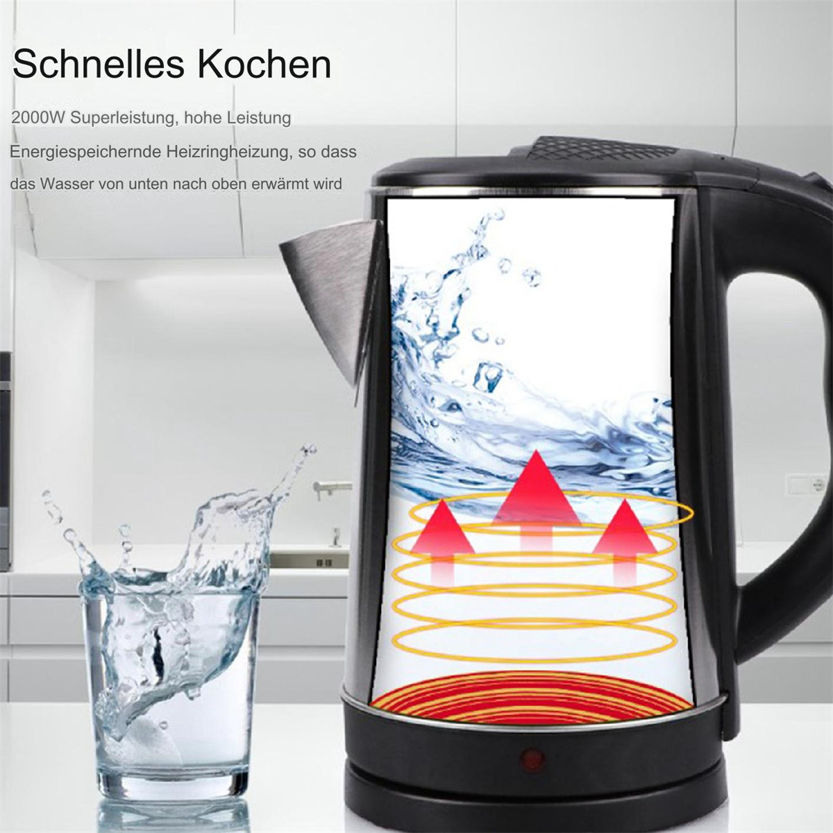 Schwarzer Wasserkocher, der Wasser erhitzt. Rote Pfeile und Linien zeigen den Heizvorgang.