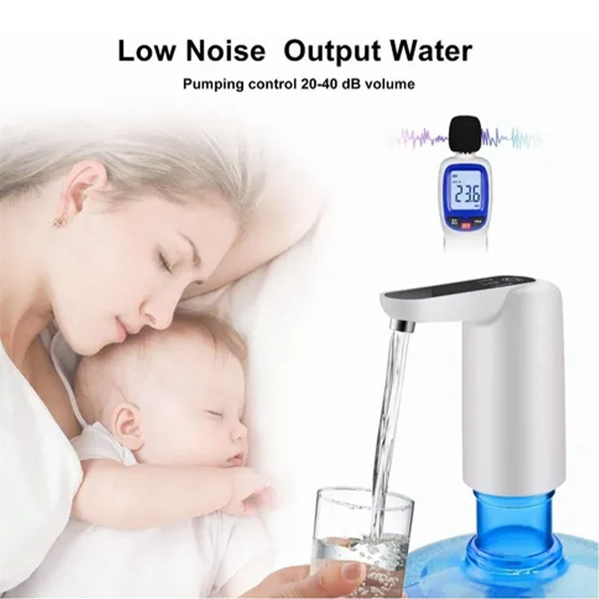 Frau und Baby, in der Nähe eines Wasserspenders. Wasser fließt in ein Glas. Geräuschpegelanzeige.