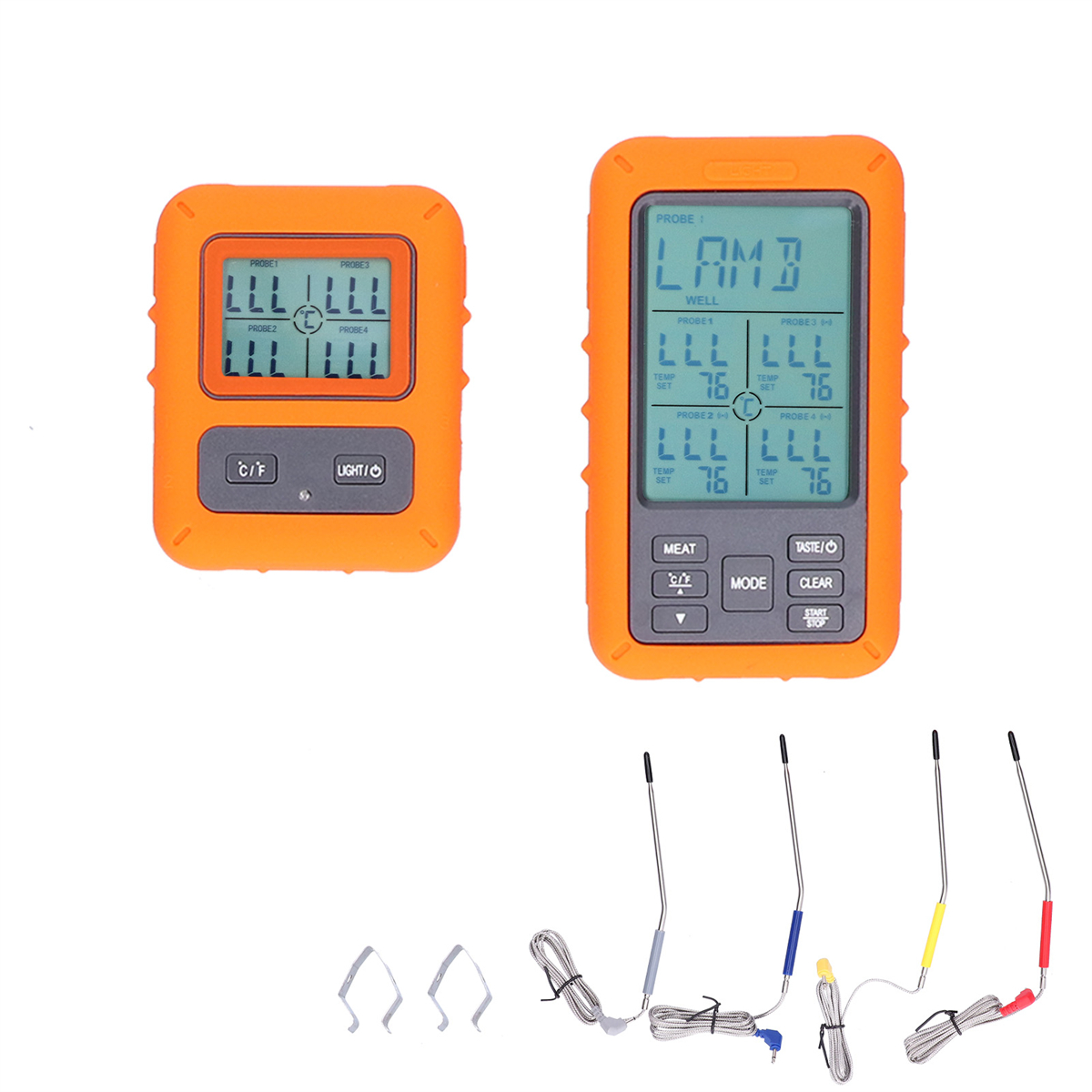 Oranges digitales Fleischthermometer mit 4 Sonden und Display. Zwei Einheiten abgebildet, eine links.