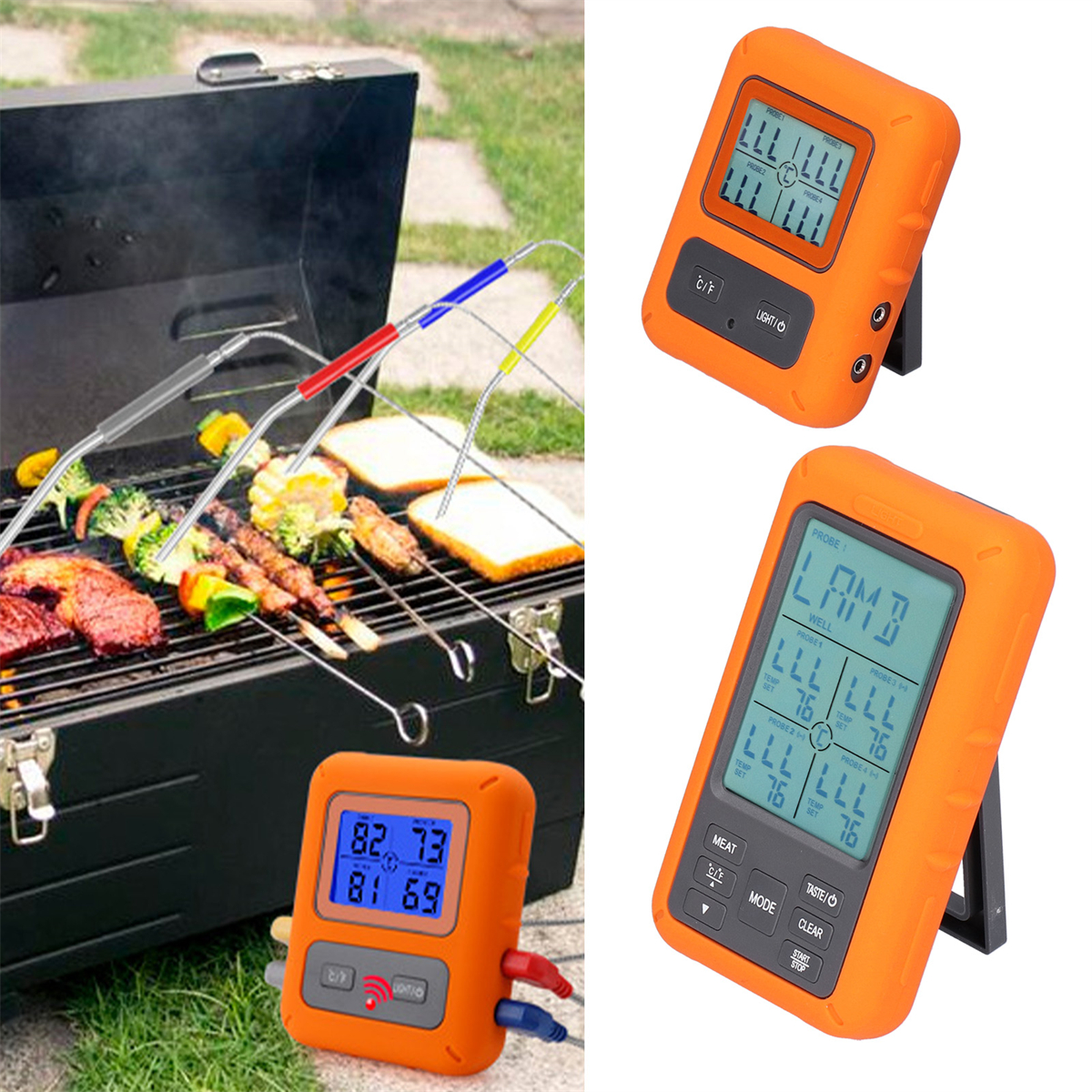 Oranges Grillthermometer mit drei Sonden. Essen wird auf dem Grill zubereitet.