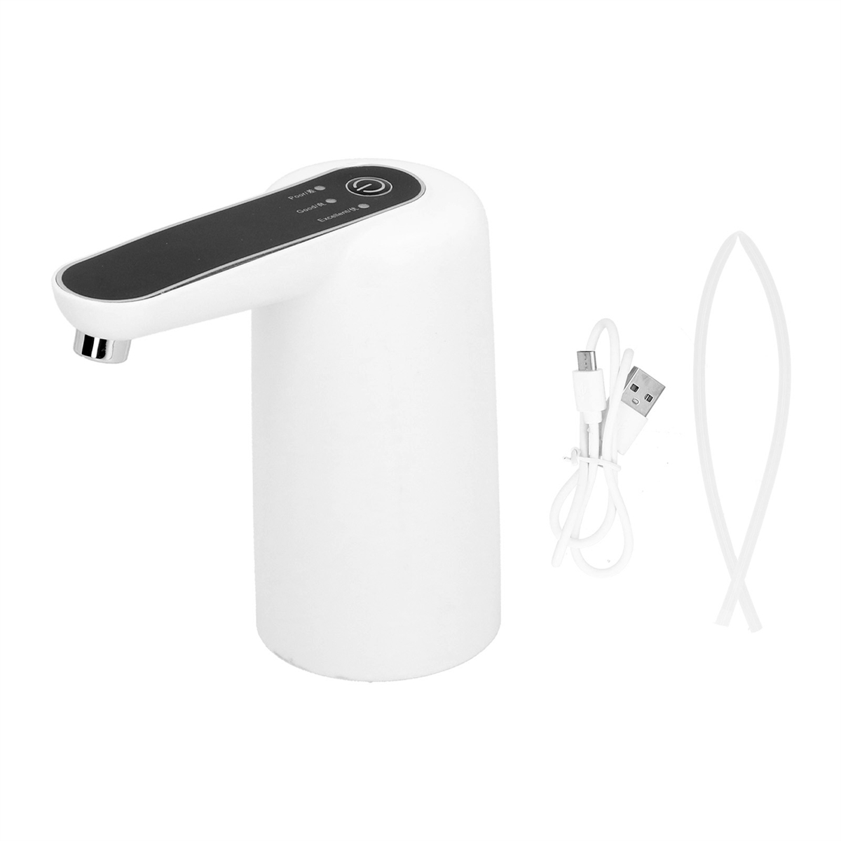 Weißer Wasserspender mit schwarzem Deckel und USB-Kabel. Weißer Hintergrund.