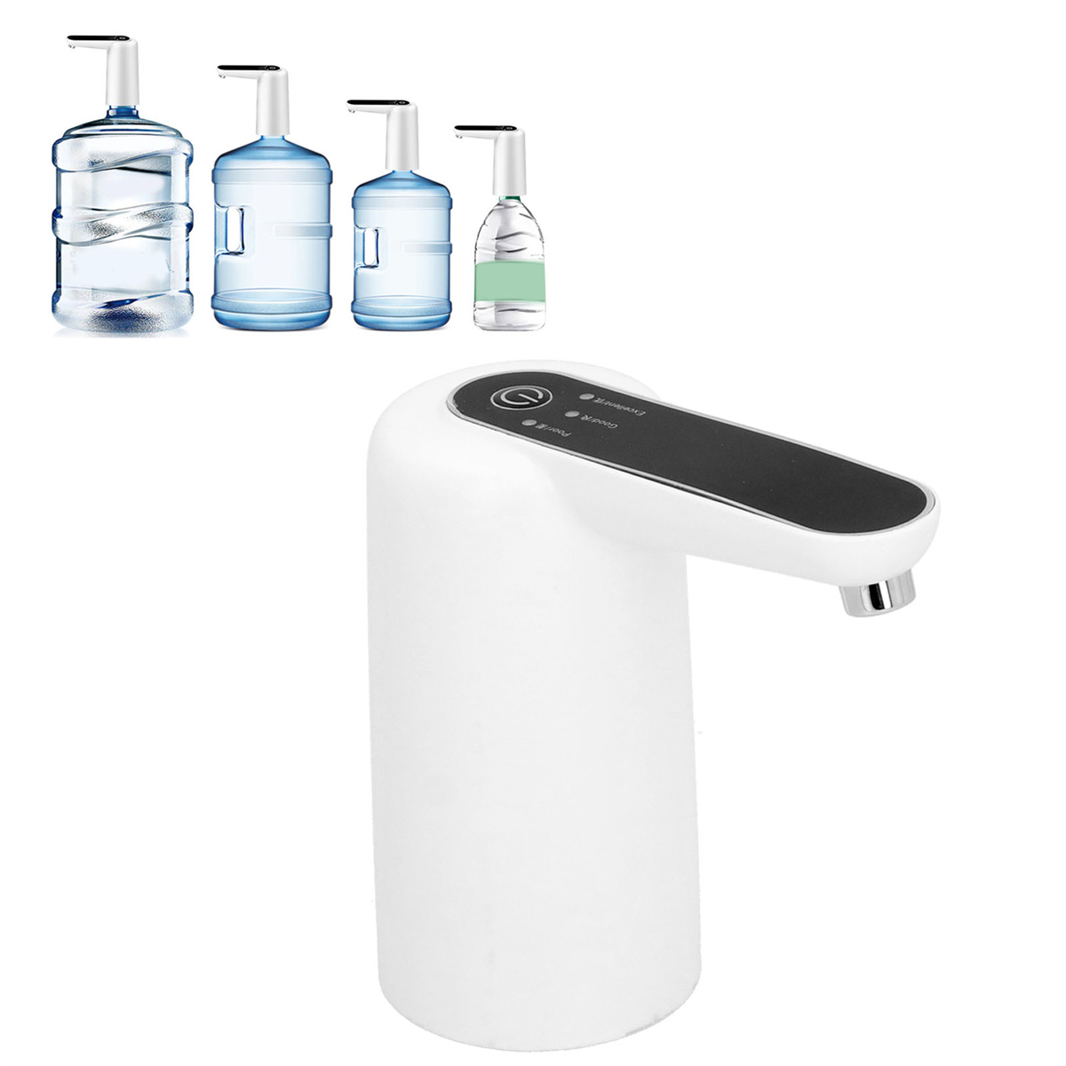 Weiße elektrische Wasserpumpe mit ein paar Wasserflaschen im Hintergrund. Die Pumpe hat einen Auslauf.