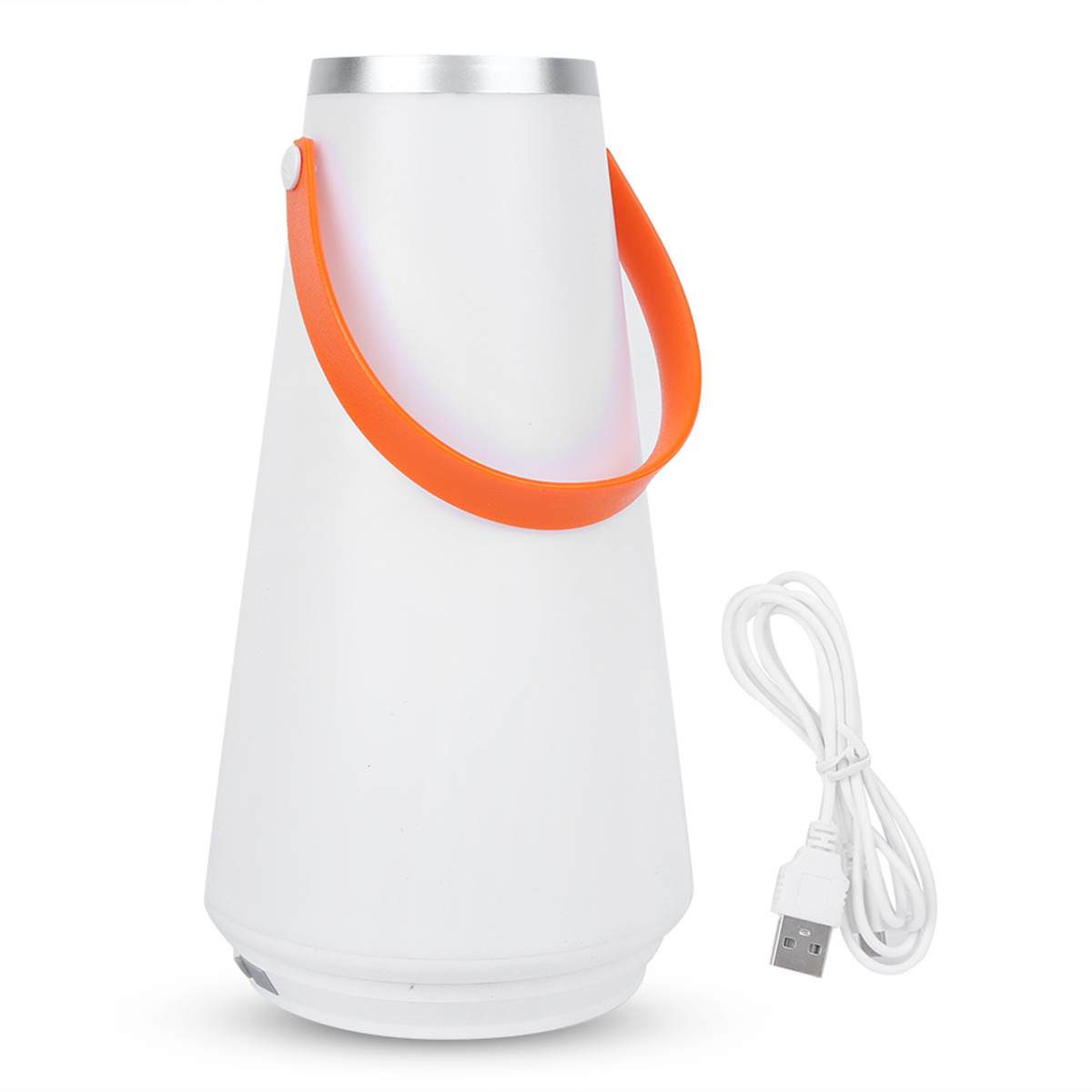 Weiße Laterne, orangefarbener Griff, USB-Kabel, weißer Hintergrund.