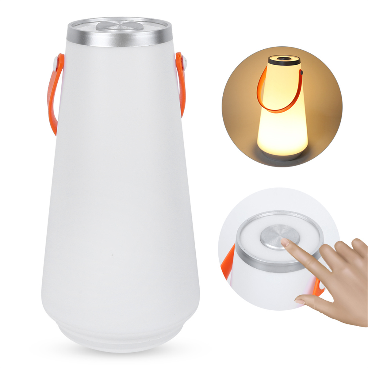 Weiße zylindrische Lampe mit orangefarbenem Griff. Sie hat einen Berührungssensor oben. Eine Hand berührt den Sensor.
