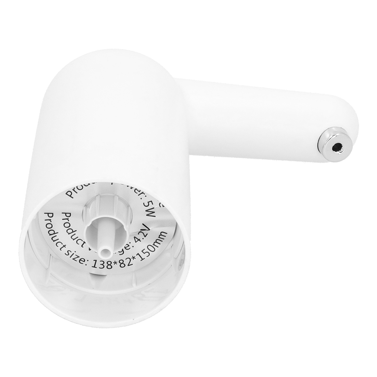 Weißer Wasserspender mit zylindrischem Körper, Auslauf und Produktinformationsetikett.