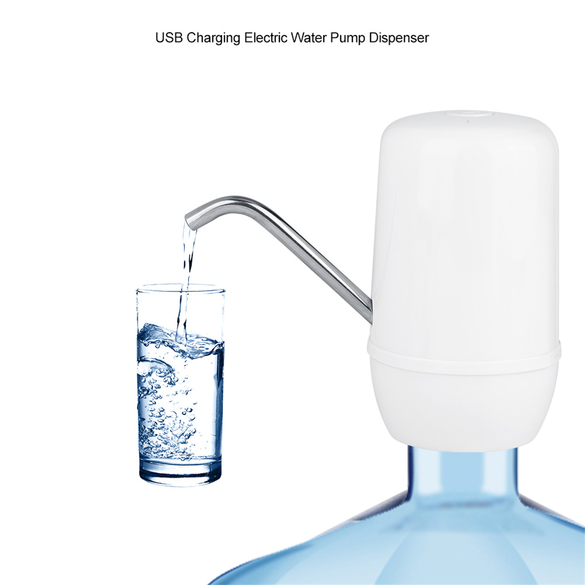 Wasserspender. Klares Glas wird gefüllt. Text: 'USB Charging Electric Water Pump Dispenser'.