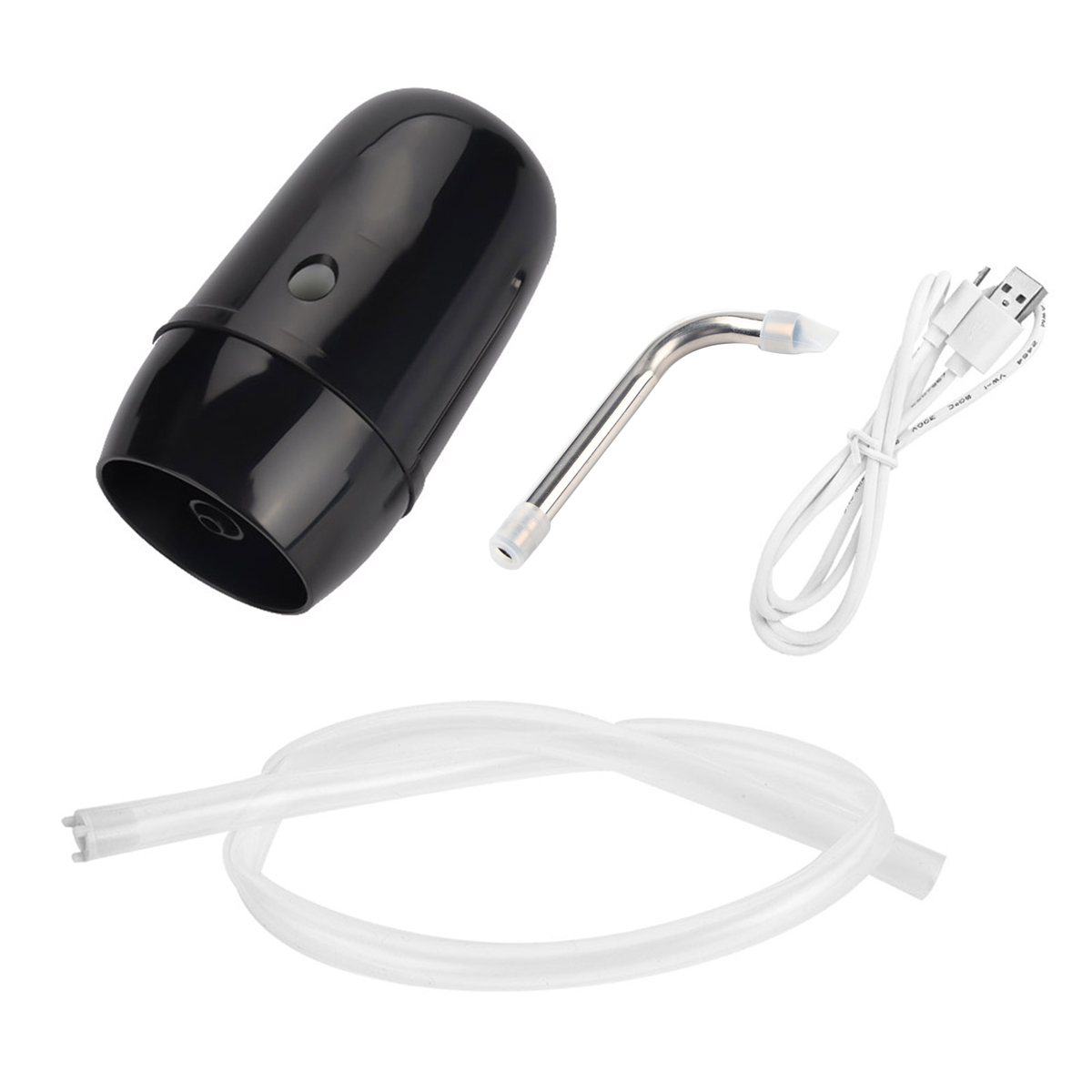 Ein schwarzer Wasserspender mit silberner Düse, einem durchsichtigen Schlauch und einem USB-Ladekabel.