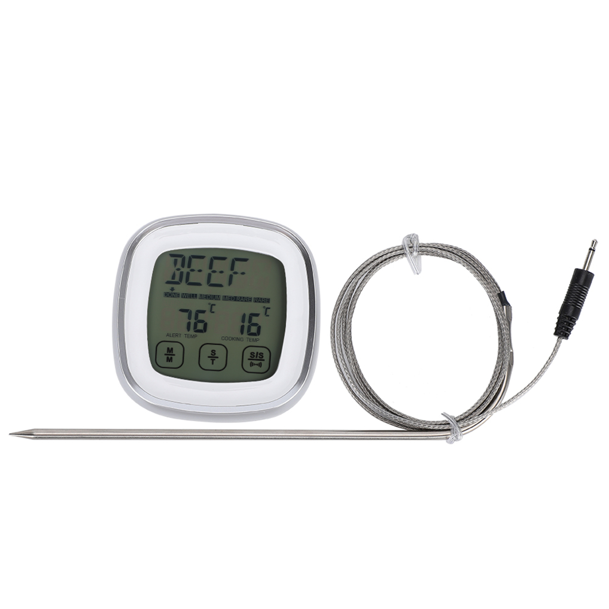 Ein digitales Fleischthermometer mit Sonde und silbernem Kabel. Die Anzeige zeigt 76 Grad.