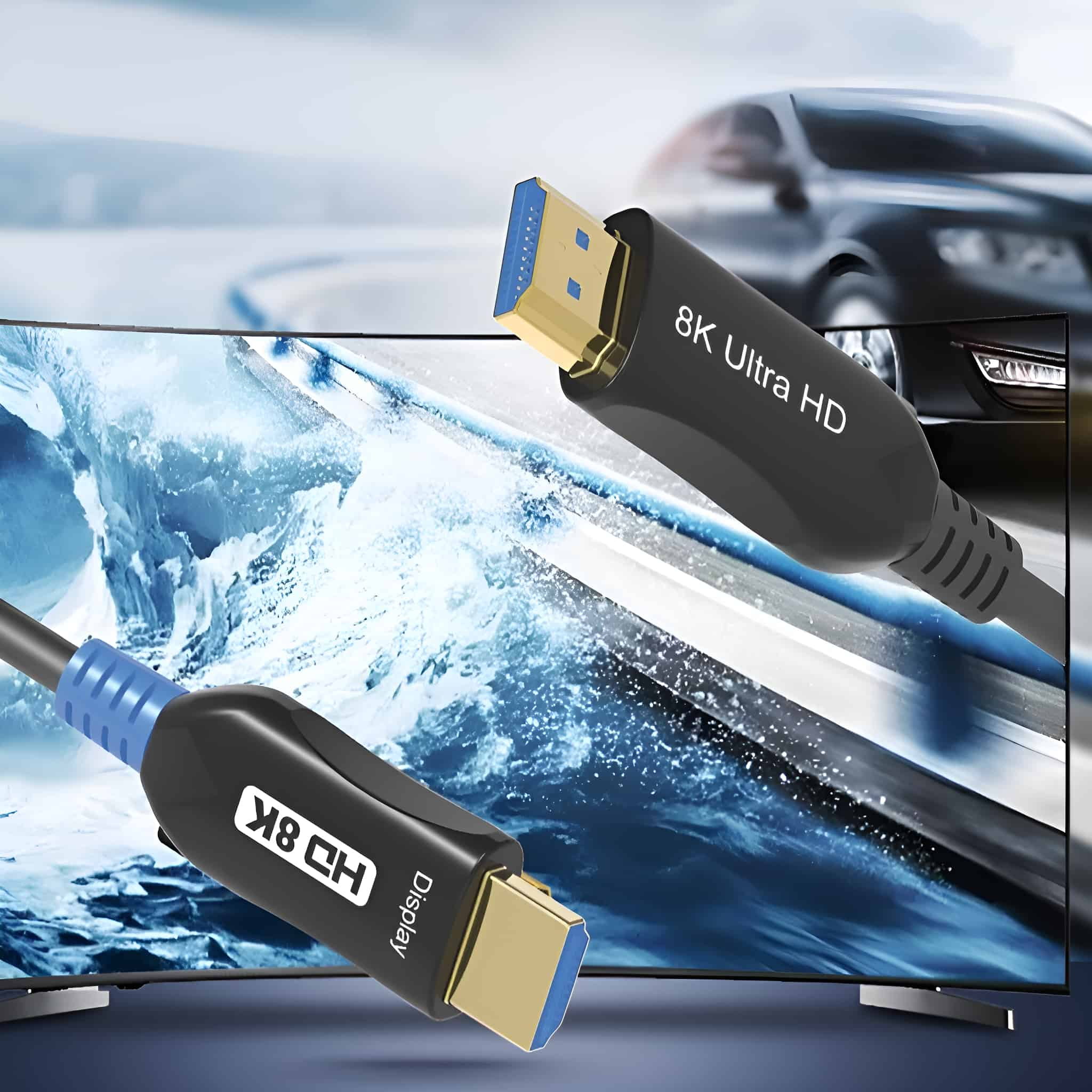 Ein 8K Ultra HD-Anschlusskabel mit goldfarbenen Steckern.