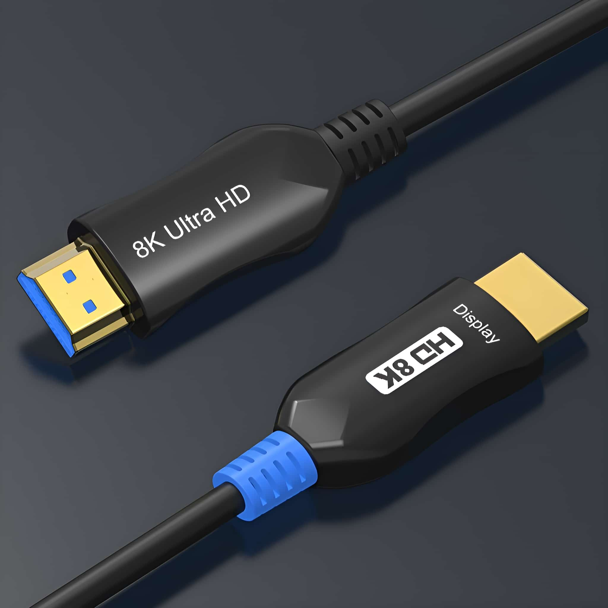 Schwarz-blaues 8K Ultra HD HDMI-Kabel mit Anschlüssen.