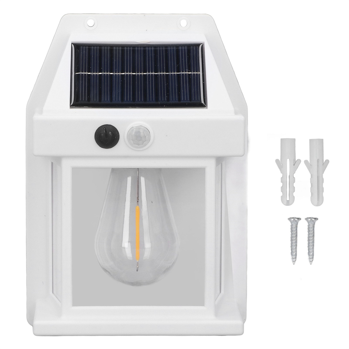 Weiße Solaraußenleuchte mit Glühbirnendesign und Befestigungsmaterial.