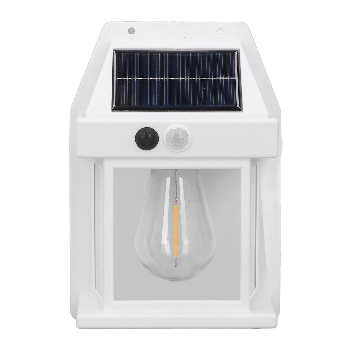 Weiße Solaraußenleuchte mit Solarpanel oben und einer transparenten Glühbirne im Inneren.