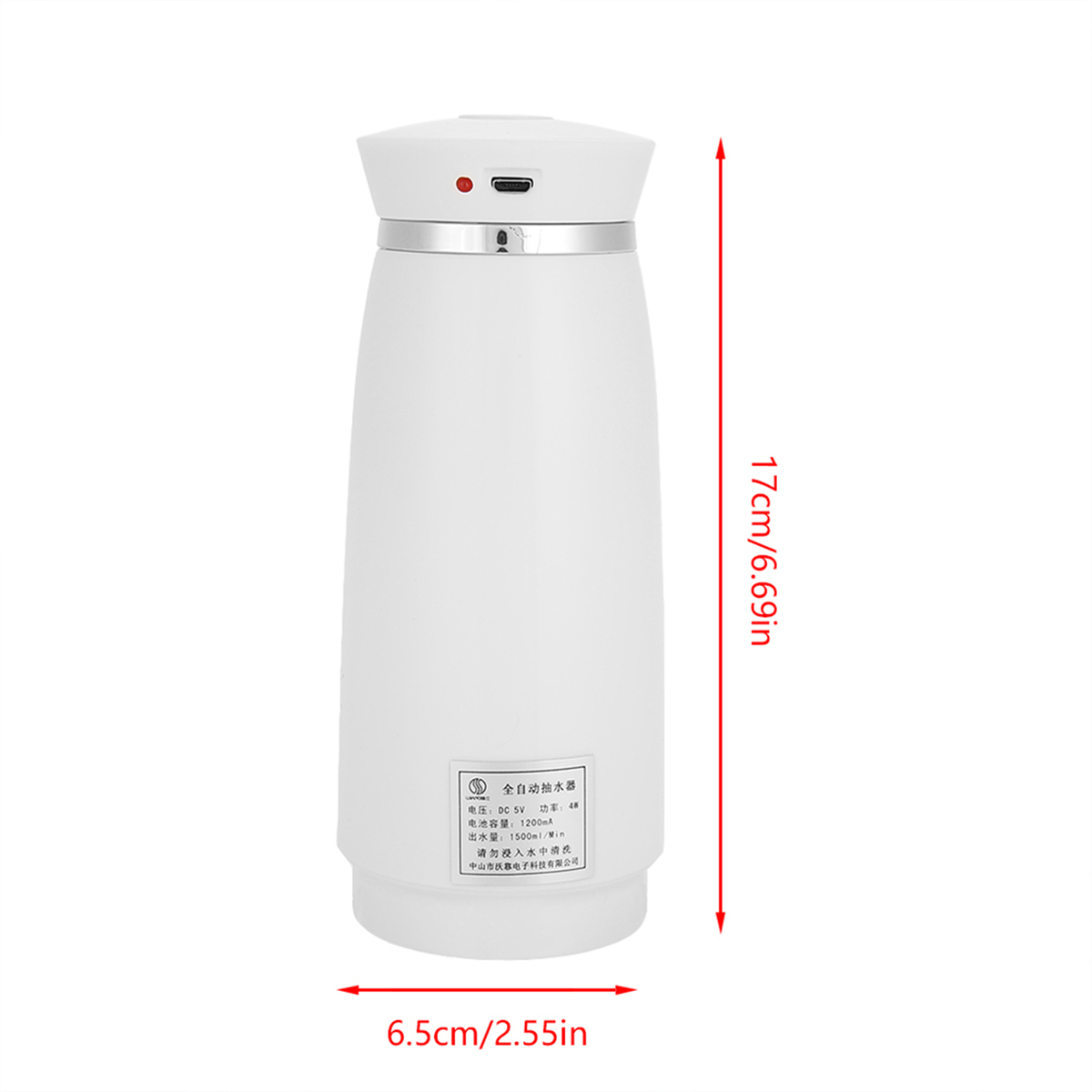 Weiße Wasserflasche, mit Abmessungen beschriftet. Rotes Licht oben. Der Hintergrund ist weiß.