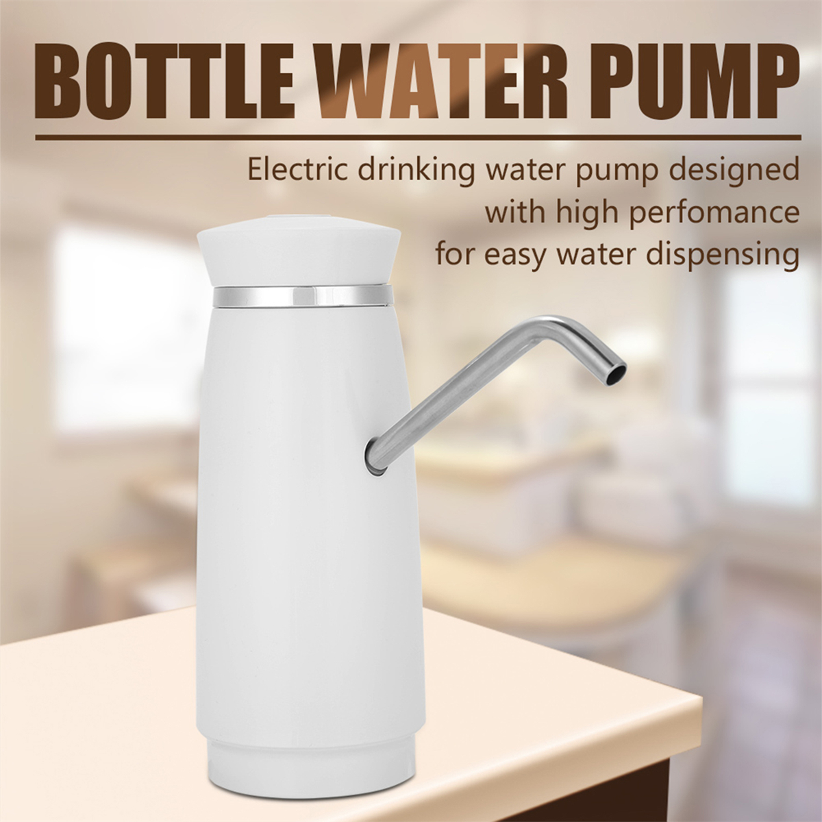 Weiße Wasserpumpe mit silbernem Ausguss auf einem Holztisch, Textüberlagerung: Bottle Water Pump.