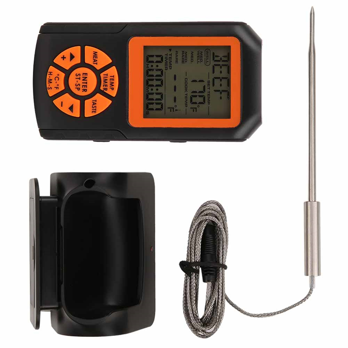 Schwarzes und oranges digitales Thermometer mit Sonde und Halter.